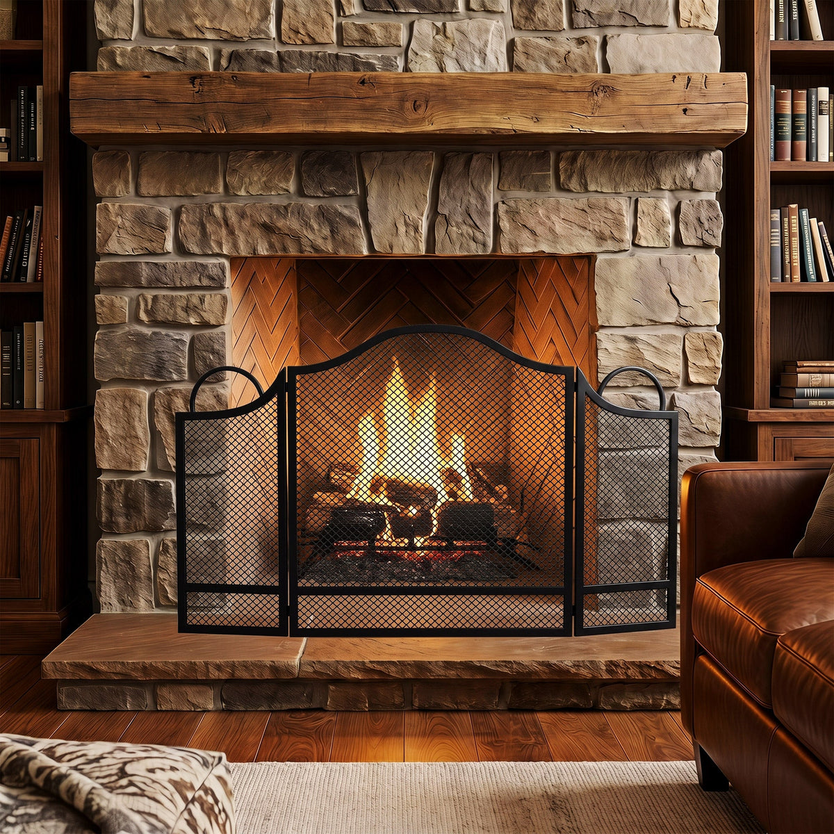 Floral 3-Panel Folding Fireplace Screen for Hearth Protection with Spark Guard, for Fireplace, Heat-Resistant Metal Fire Spark Guard, 122 x 1 x 74 cm, Black