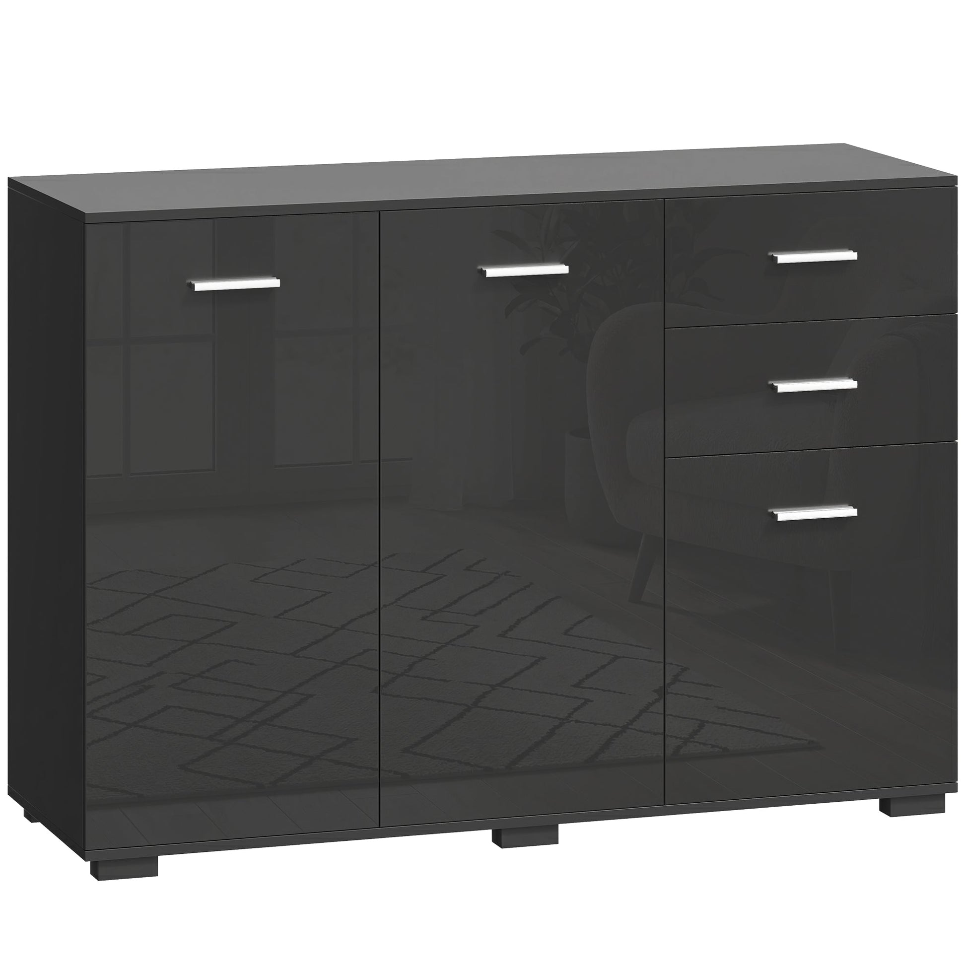 Sideboard, Modern Storage Cabinet with 2 Drawers, 3 Doors and Adjustable Shelves, Kitchen Cabinet for Living Room, Dining Room, High Gloss Black