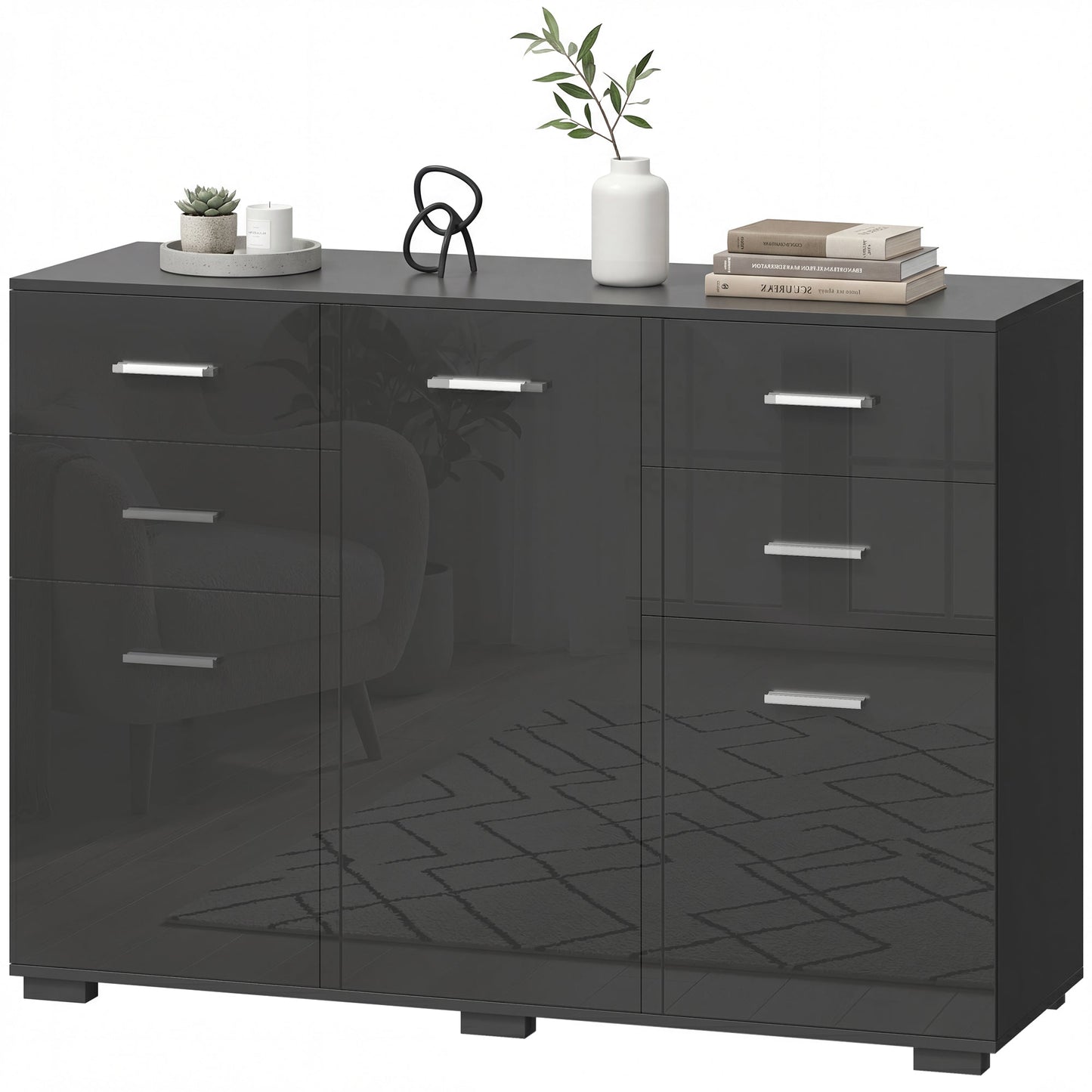 Sideboard, Modern Storage Cabinet with 2 Drawers, 3 Doors and Adjustable Shelves, Kitchen Cabinet for Living Room, Dining Room, High Gloss Black