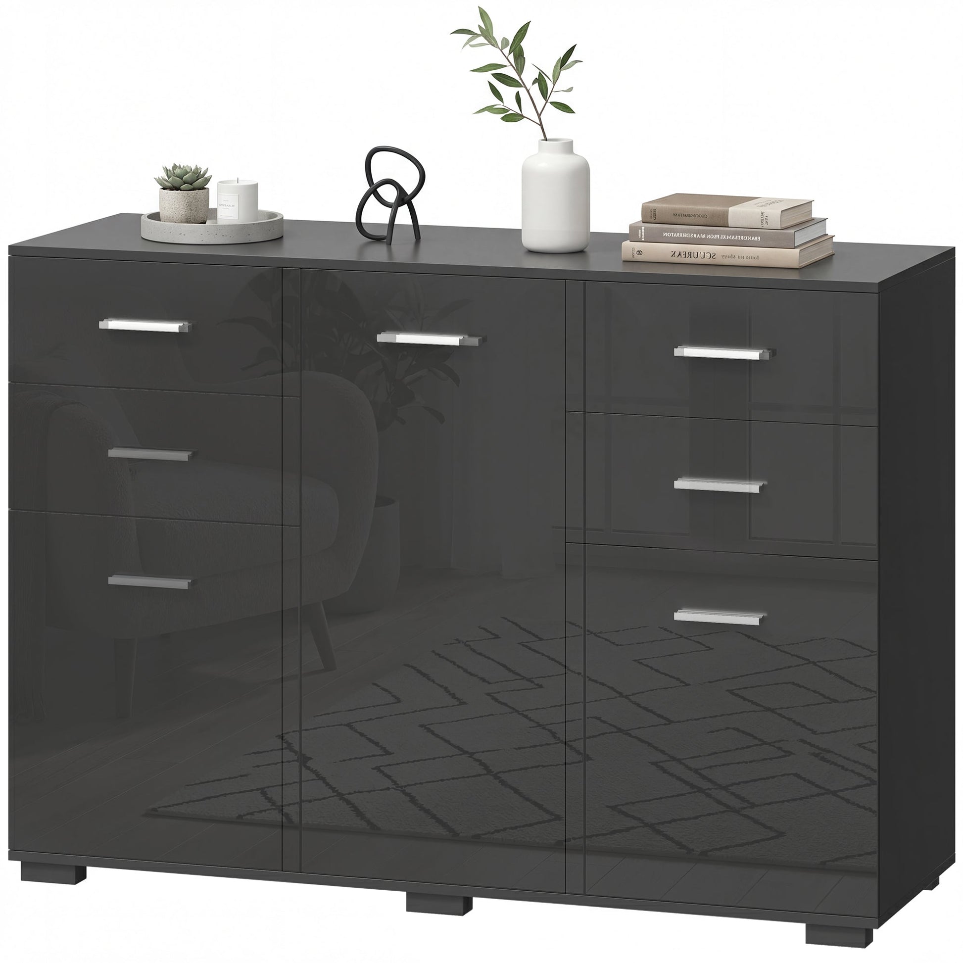 Sideboard, Modern Storage Cabinet with 2 Drawers, 3 Doors and Adjustable Shelves, Kitchen Cabinet for Living Room, Dining Room, High Gloss Black