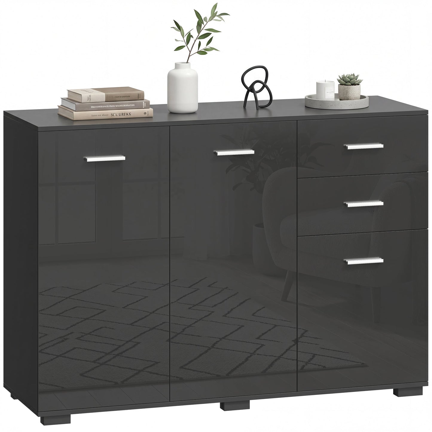 Sideboard, Modern Storage Cabinet with 2 Drawers, 3 Doors and Adjustable Shelves, Kitchen Cabinet for Living Room, Dining Room, High Gloss Black