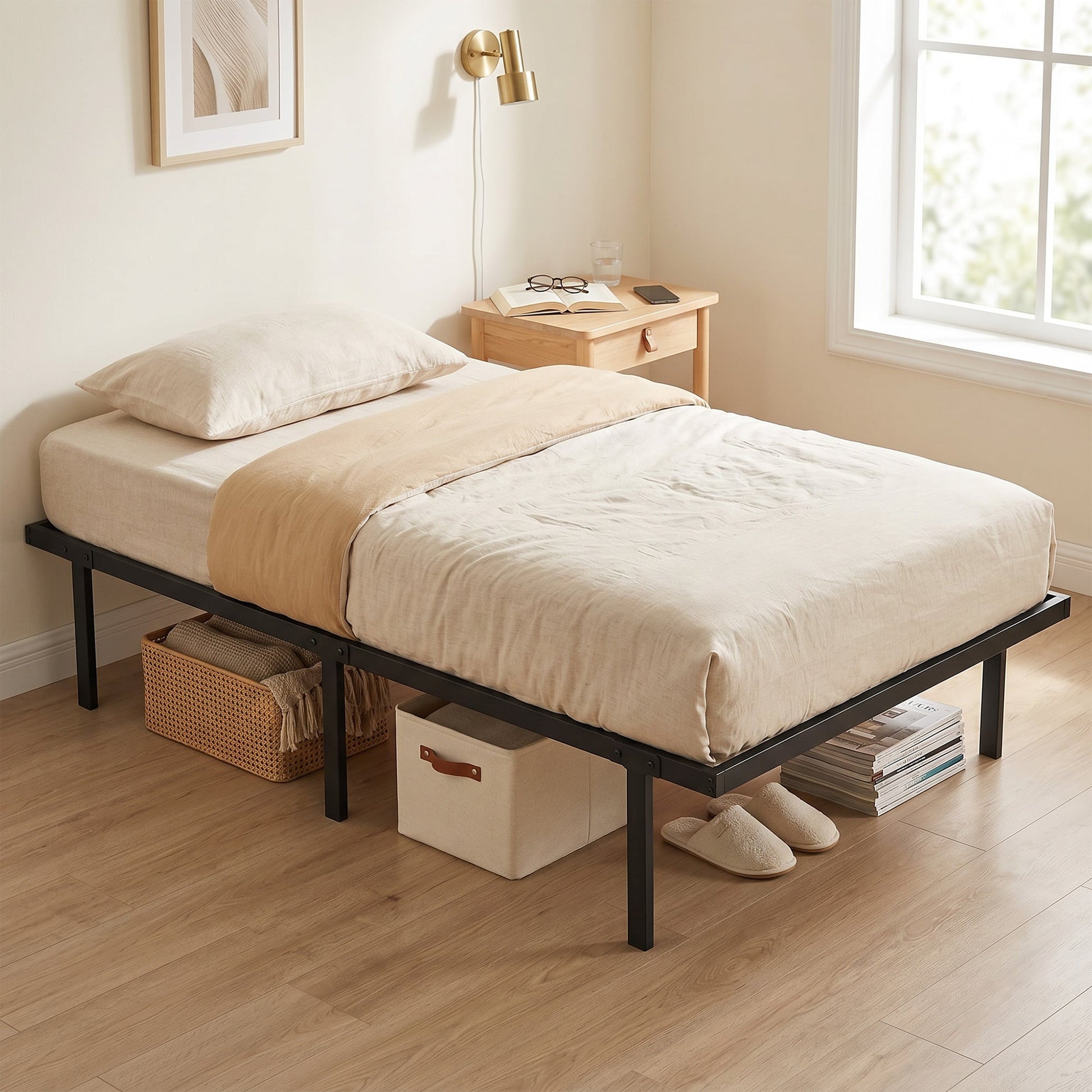 3ft Single Bed Frame with Underbed Storage, 35.5 cm Height, Metal Platform Bed Frame with Steel Slat Support, Noise-Free, No Box Spring Needed, Easy Assembly, Black