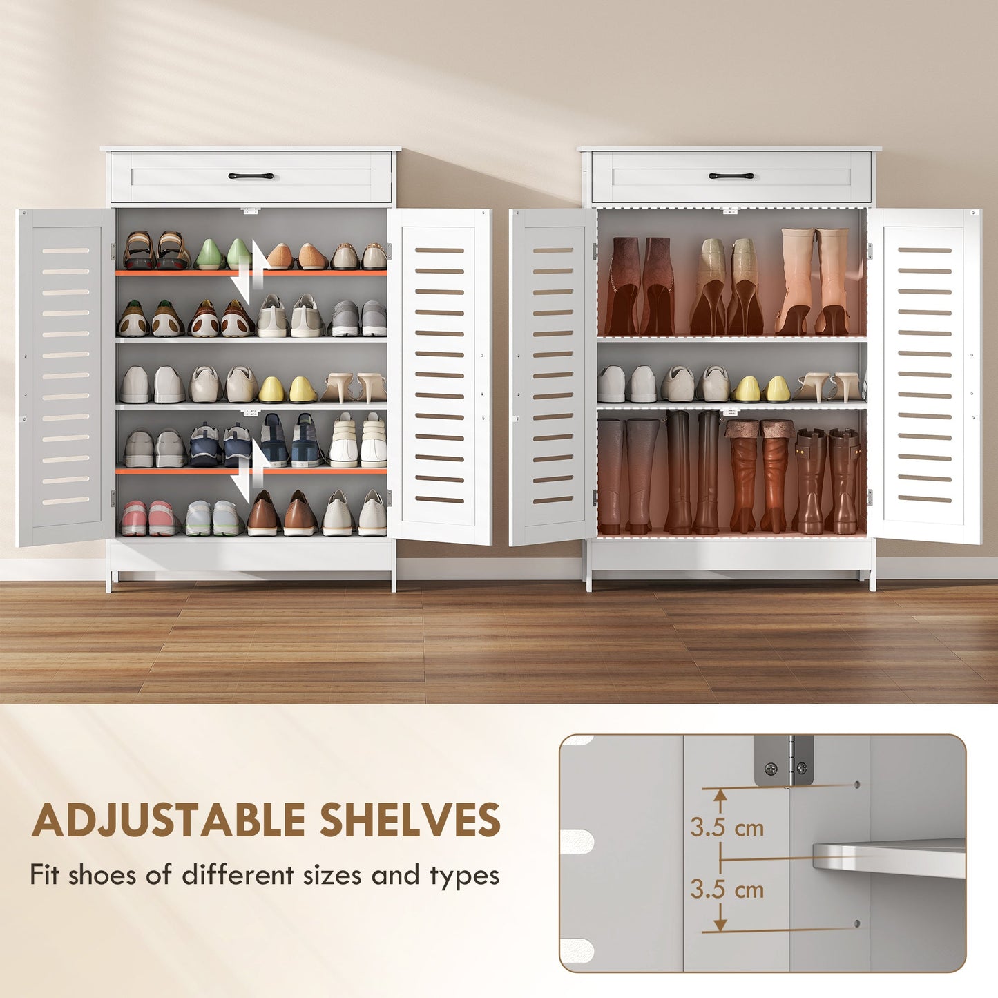 Shoe Cabinet with Louvered Doors, Modern Shoe Storage Cabinet with Drawer and Adjustable Shelves, Holds up to 20 Pairs for Entryway, Hallway, White