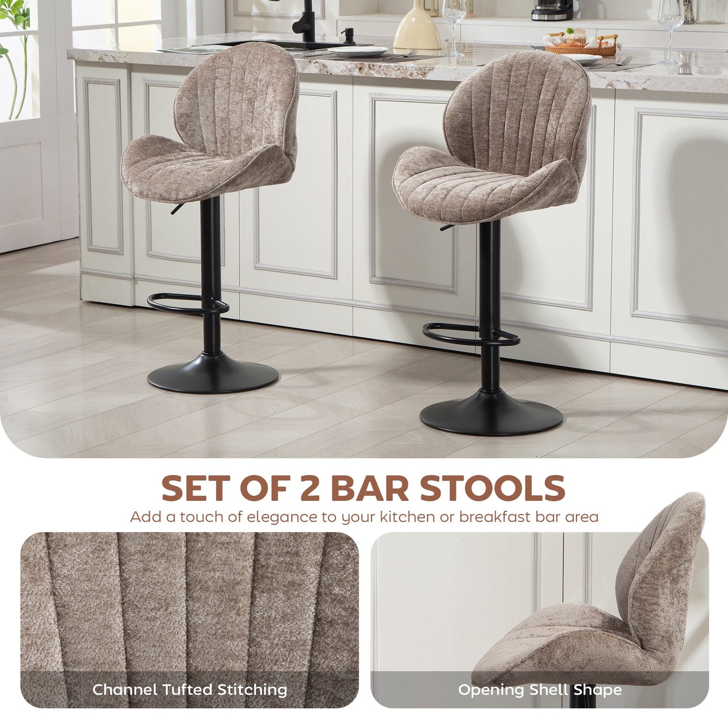 Bar Stools Set of 2, Swivel Counter Height Barstools with Back, Adjustable Height and Footrest, Chenille Upholstered Modern Bar Chairs for Kitchen Island, Dining Room, Brown