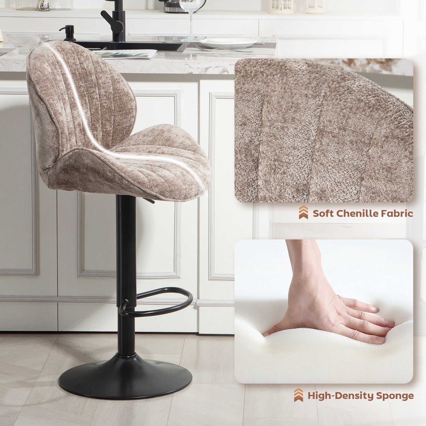 Bar Stools Set of 2, Swivel Counter Height Barstools with Back, Adjustable Height and Footrest, Chenille Upholstered Modern Bar Chairs for Kitchen Island, Dining Room, Brown