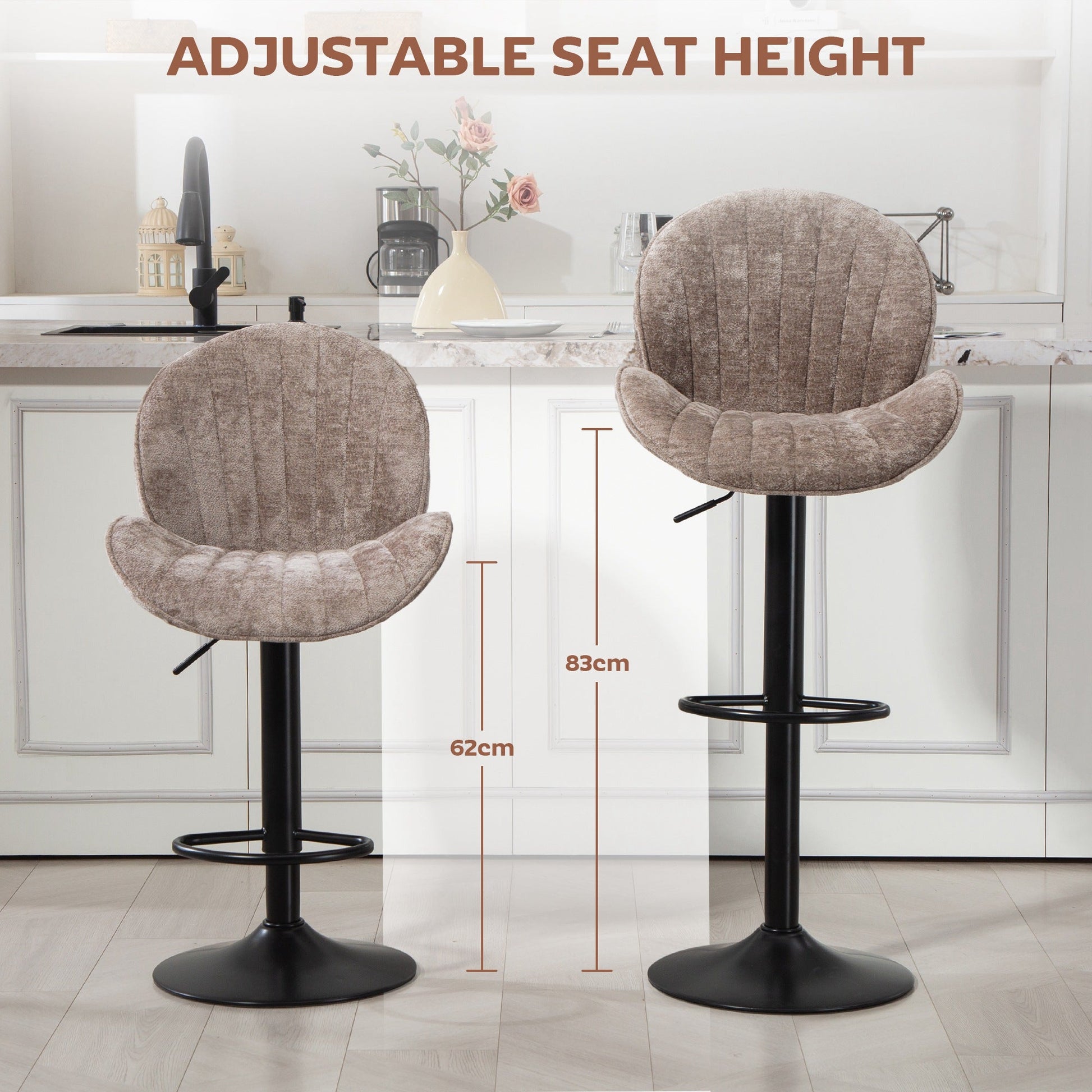 Bar Stools Set of 2, Swivel Counter Height Barstools with Back, Adjustable Height and Footrest, Chenille Upholstered Modern Bar Chairs for Kitchen Island, Dining Room, Brown