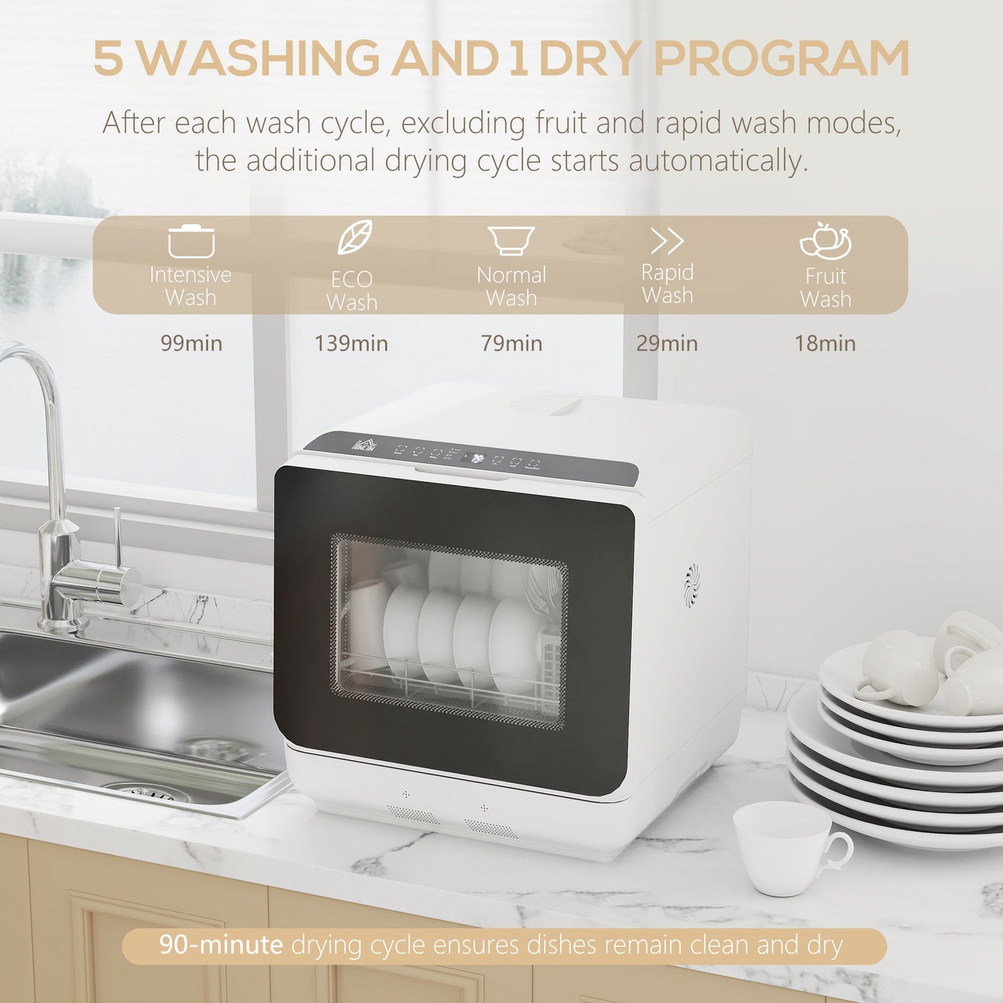 Tabletop Dishwasher, Mini Countertop Dishwasher with Built-in 6L Water Tank, 6 Programs, Touch Control, LED Display, 4 Place Settings, Dual Water Supply and Air Drying Function, White