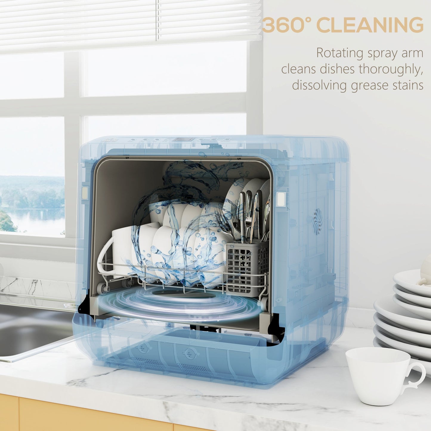 Tabletop Dishwasher, Mini Countertop Dishwasher with Built-in 6L Water Tank, 6 Programs, Touch Control, LED Display, 4 Place Settings, Dual Water Supply and Air Drying Function, White