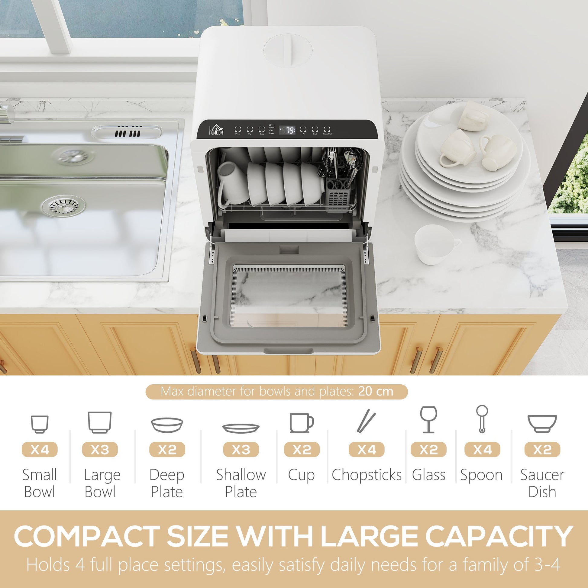 Tabletop Dishwasher, Mini Countertop Dishwasher with Built-in 6L Water Tank, 6 Programs, Touch Control, LED Display, 4 Place Settings, Dual Water Supply and Air Drying Function, White
