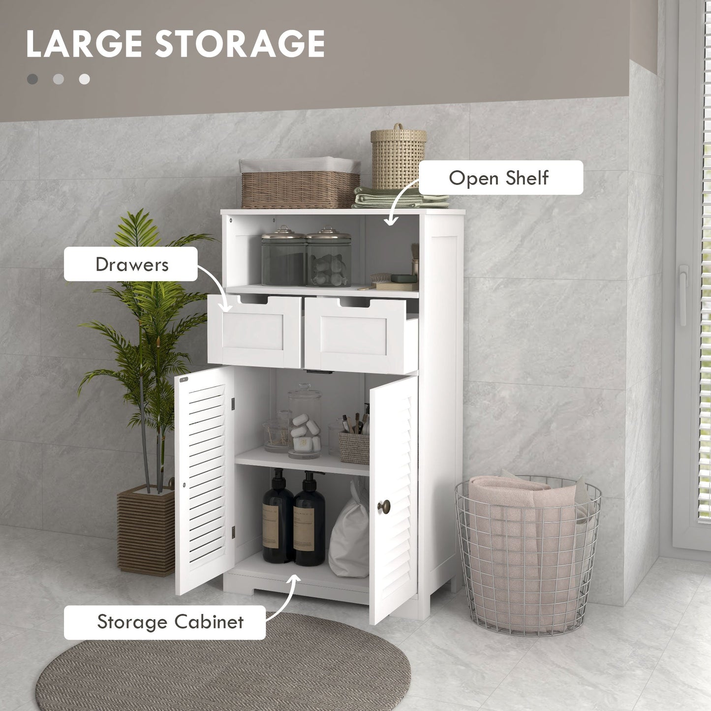 kleankin Bathroom Cabinet with Drawers, Bathroom Storage Cabinet with Louvred Doors, Open Compartment and Adjustable Shelf for Washroom, White