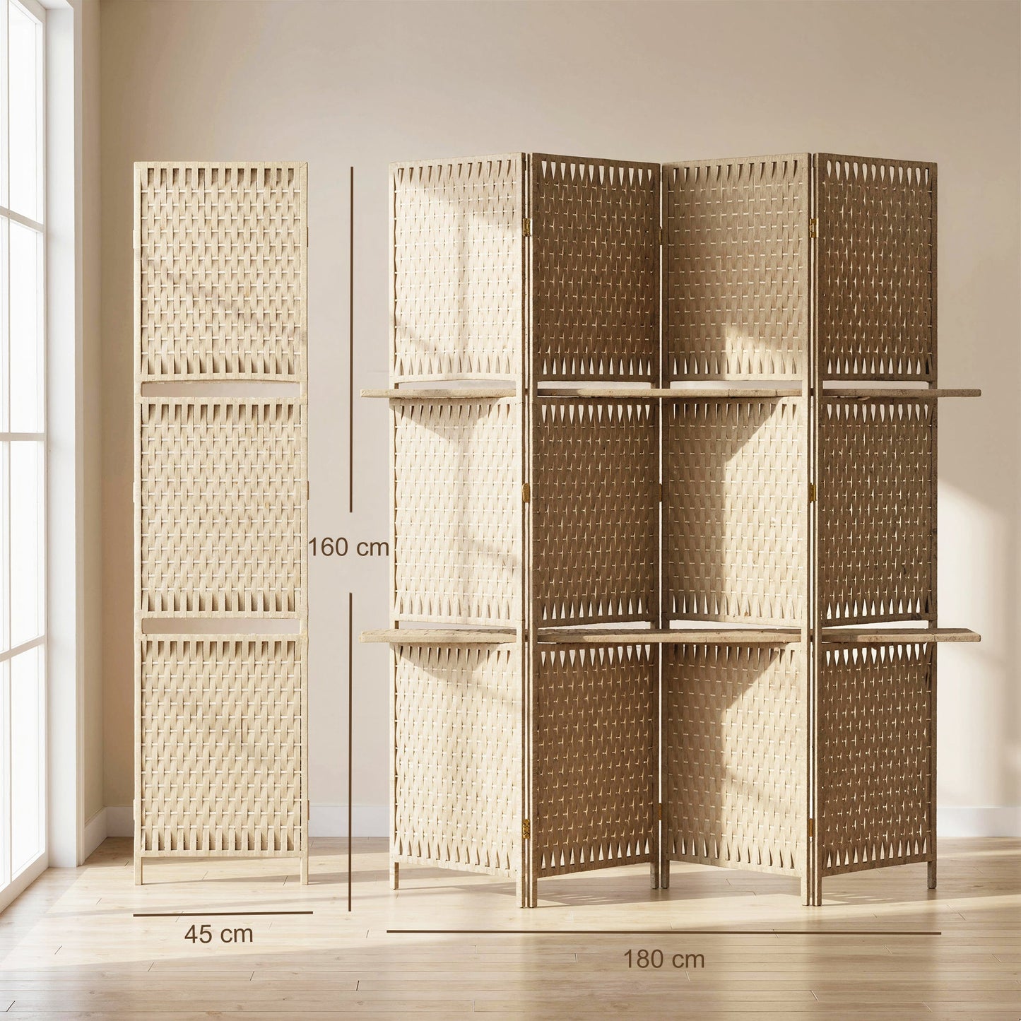 4-Panel Room Divider with Shelves, Wave Fibre Freestanding Folding Privacy Screen Panels, Partition Wall Divider for Indoor Bedroom Office, 180 cm, Natural Wood Finish
