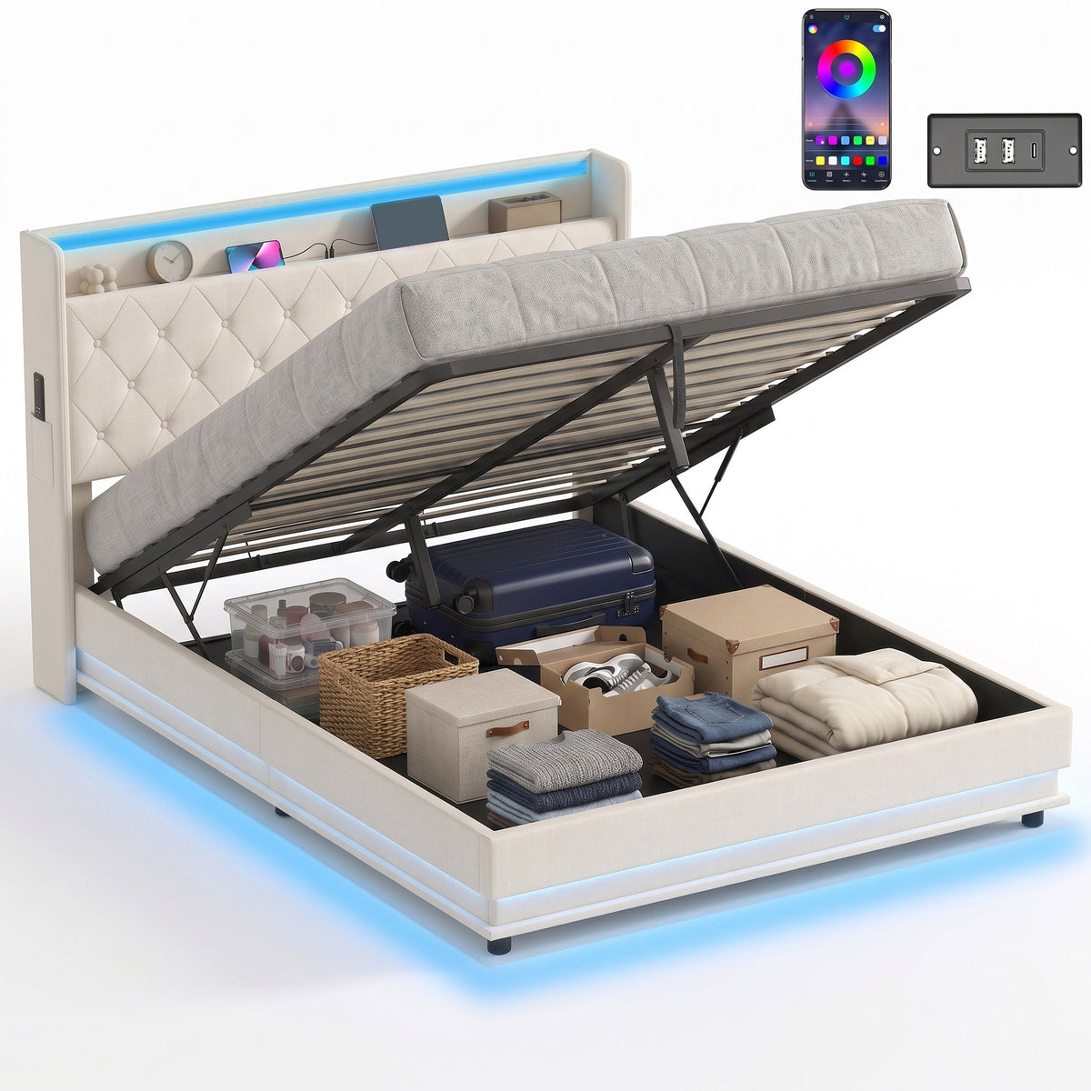 5ft King Ottoman Bed Frame with Hydraulic Storage, APP Control LED Lights and Charging Station, Upholstered Lift Up Storage Bed Frame with Headboard, No Box Spring Needed, Cream White