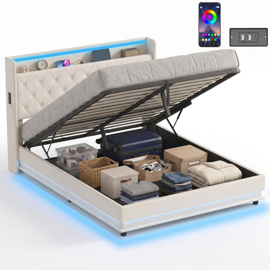 5ft King Ottoman Bed Frame with Hydraulic Storage, APP Control LED Lights and Charging Station, Upholstered Lift Up Storage Bed Frame with Headboard, No Box Spring Needed, Cream White