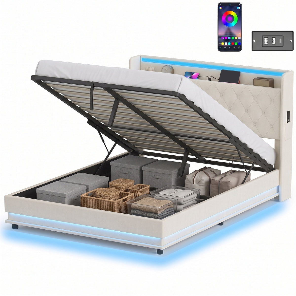 5ft King Ottoman Bed Frame with Hydraulic Storage, APP Control LED Lights and Charging Station, Upholstered Lift Up Storage Bed Frame with Headboard, No Box Spring Needed, Cream White