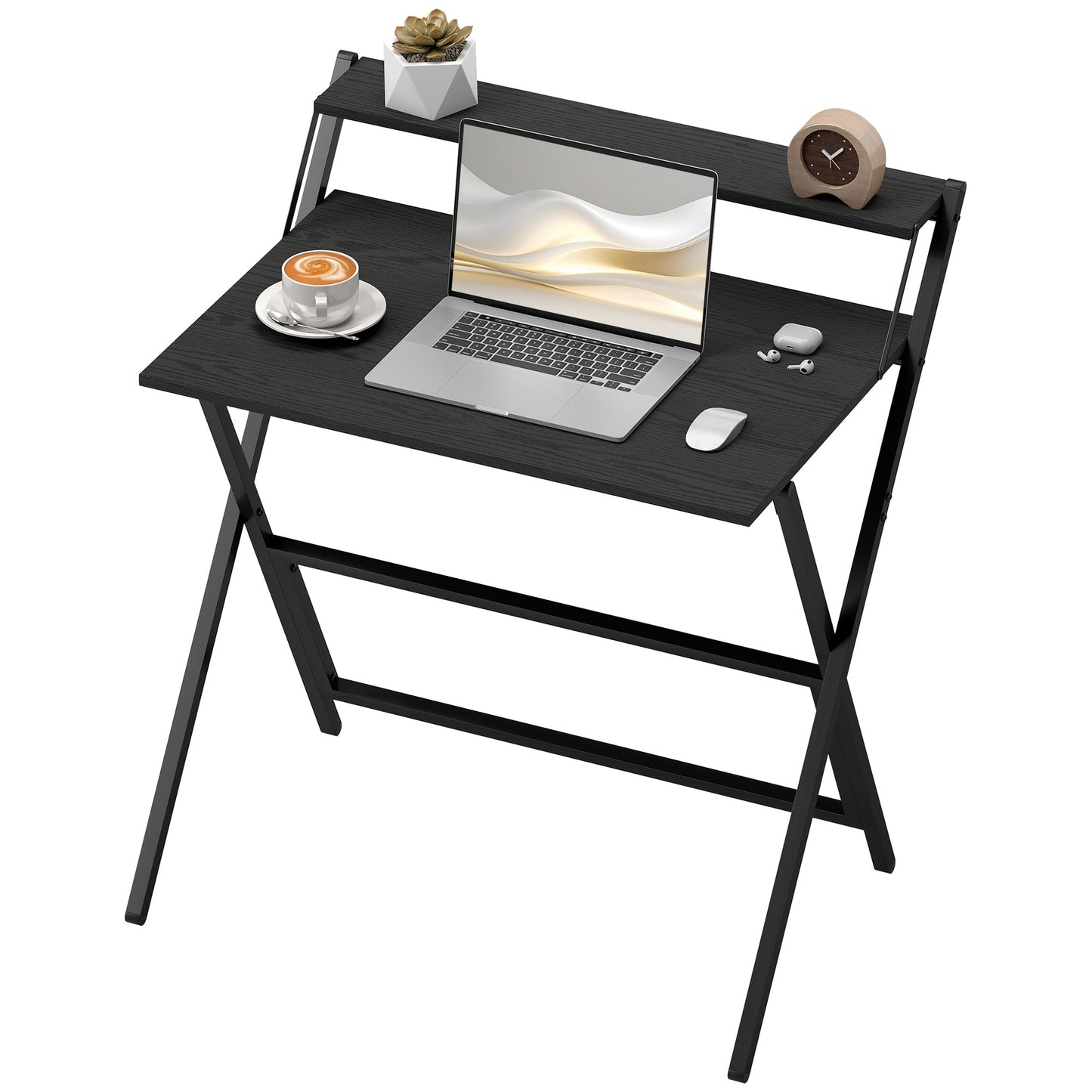 Folding Desk with Monitor Shelf, 81.5 cm Foldable Computer Desk for Small Spaces, Space Saving Writing Table Workstation for Home Office, Study, Easy Assembly, Black