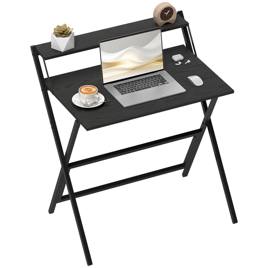 Folding Desk with Monitor Shelf, 81.5 cm Foldable Computer Desk for Small Spaces, Space Saving Writing Table Workstation for Home Office, Study, Easy Assembly, Black
