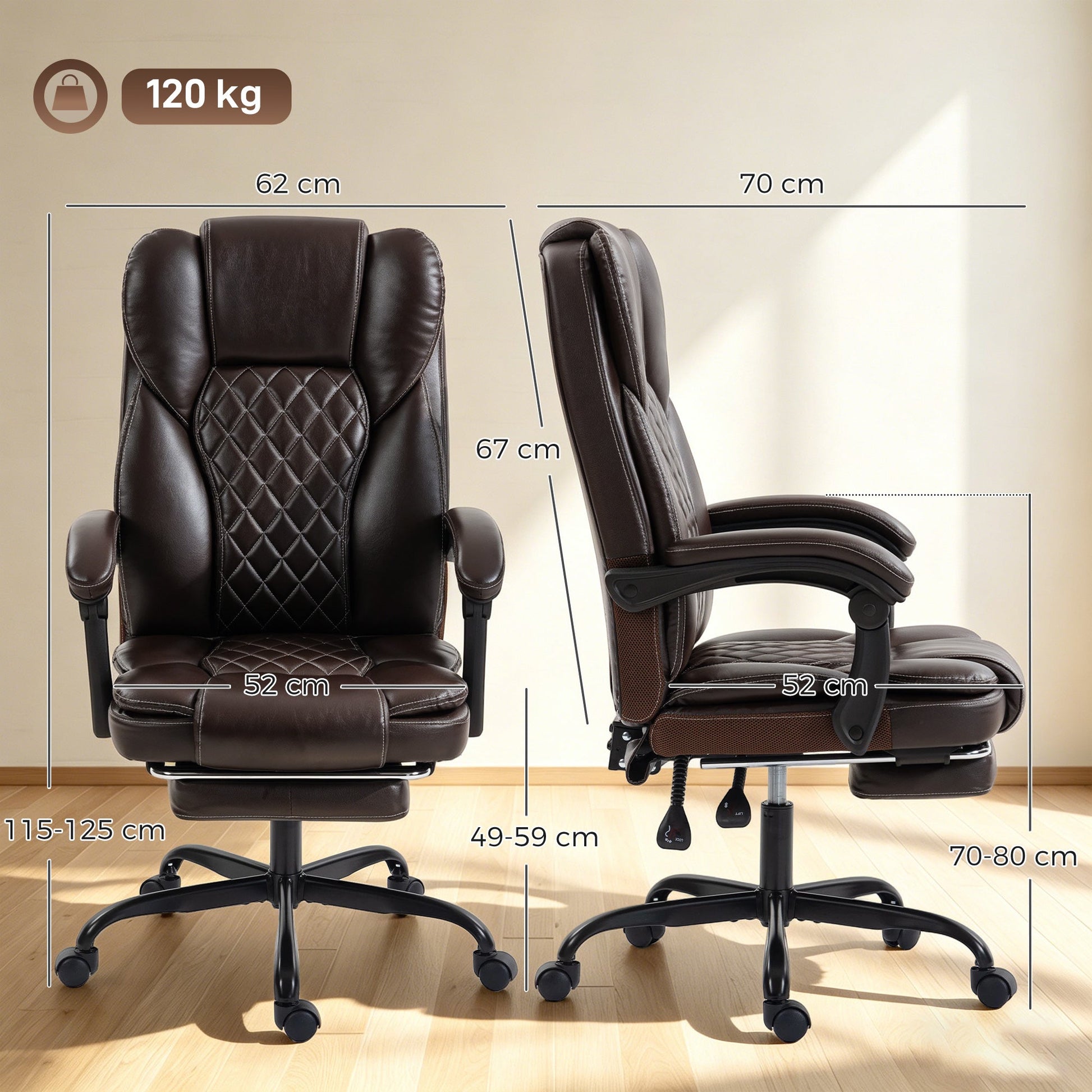 High-Back Executive Home Office Chair, PU Leather Computer Desk Chair with 360 Degree Swivel, Reclining Function, Retractable Footrest and Adjustable Height, Brown
