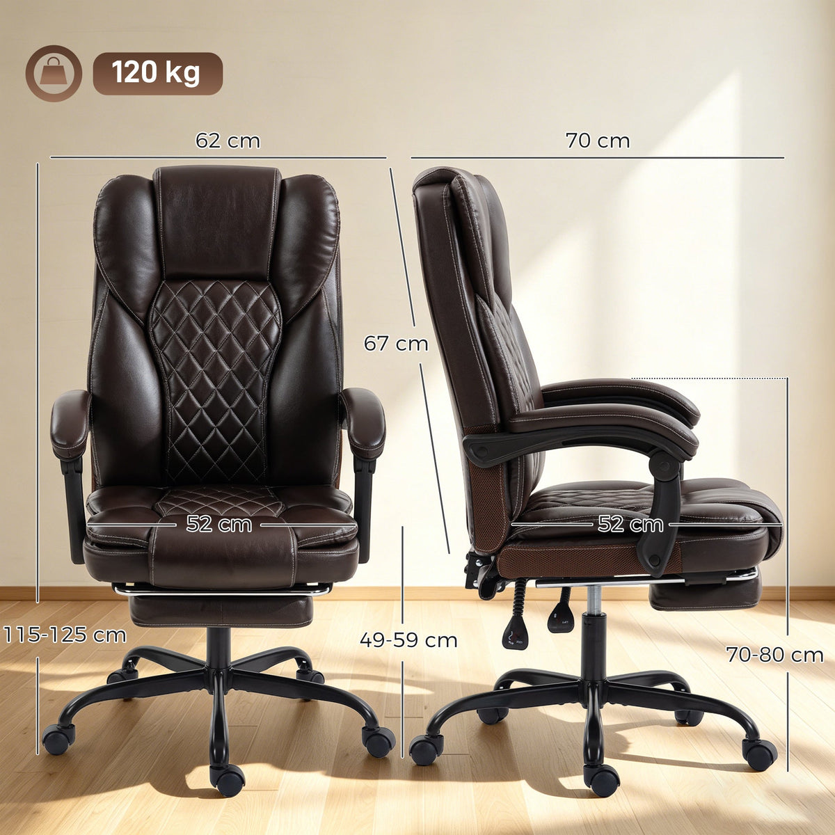 High-Back Executive Home Office Chair, PU Leather Computer Desk Chair with 360 Degree Swivel, Reclining Function, Retractable Footrest and Adjustable Height, Brown
