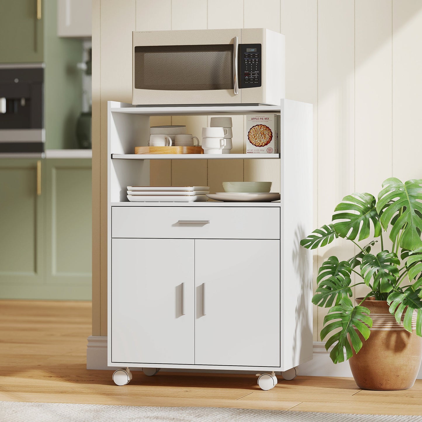 Kitchen Trolley with Wheels, Modern Mobile Microwave Stand with Slide-Out Shelf, Drawer and 2 Doors for Dining Room, 59 x 40 x 92 cm, White