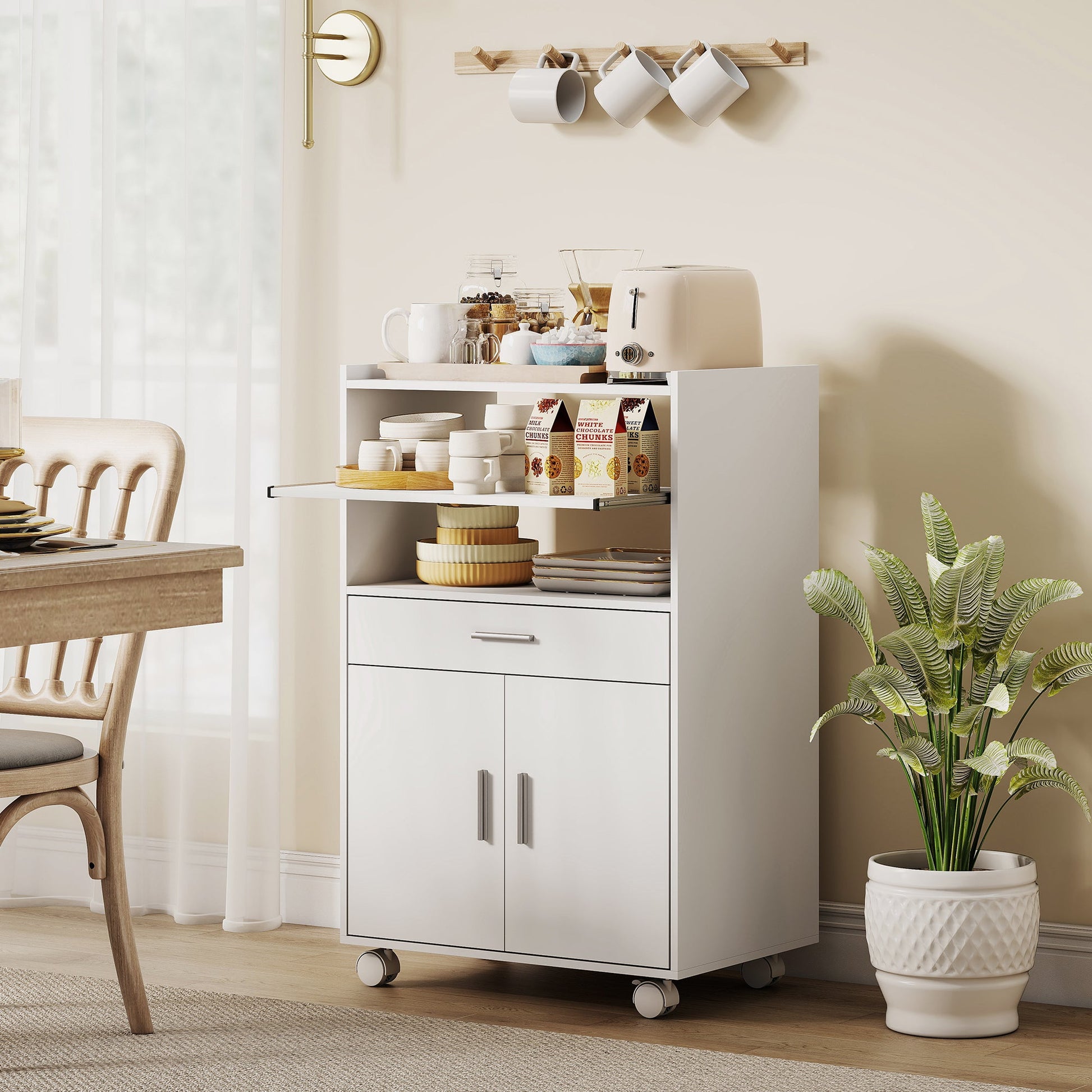 Kitchen Trolley with Wheels, Modern Mobile Microwave Stand with Slide-Out Shelf, Drawer and 2 Doors for Dining Room, 59 x 40 x 92 cm, White