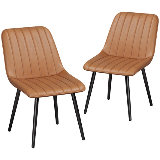 Modern Dining Chairs Set of 2, Curved Faux Leather Upholstered Kitchen Chairs with Metal Legs for Dining Room, Kitchen, Living Room, Brown