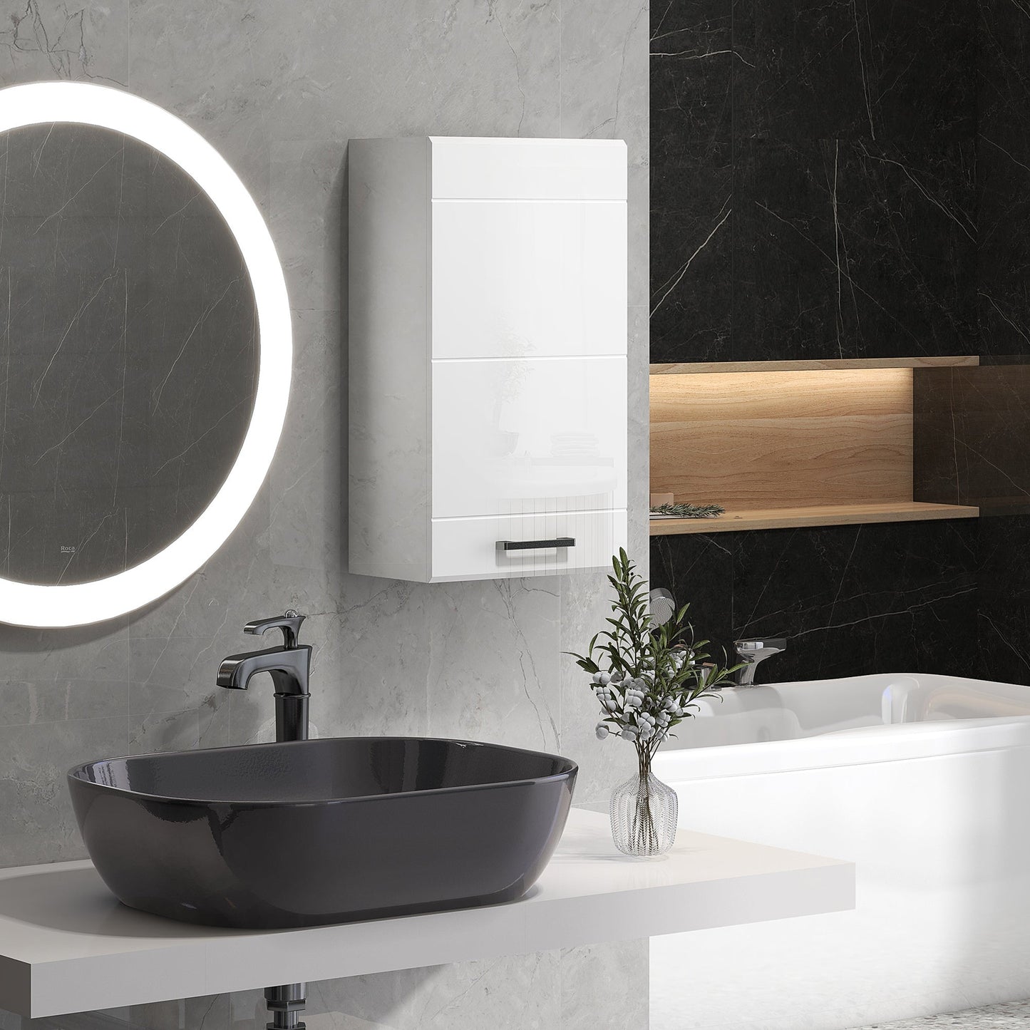 Bathroom Wall Cabinet, High Gloss Wall Mount Bathroom Storage Cabinet with Soft-Close Door, 3 Shelves, Adjustable Shelf for Hallway, Living Room, Over Toilet, 37x22.5x70 cm, White