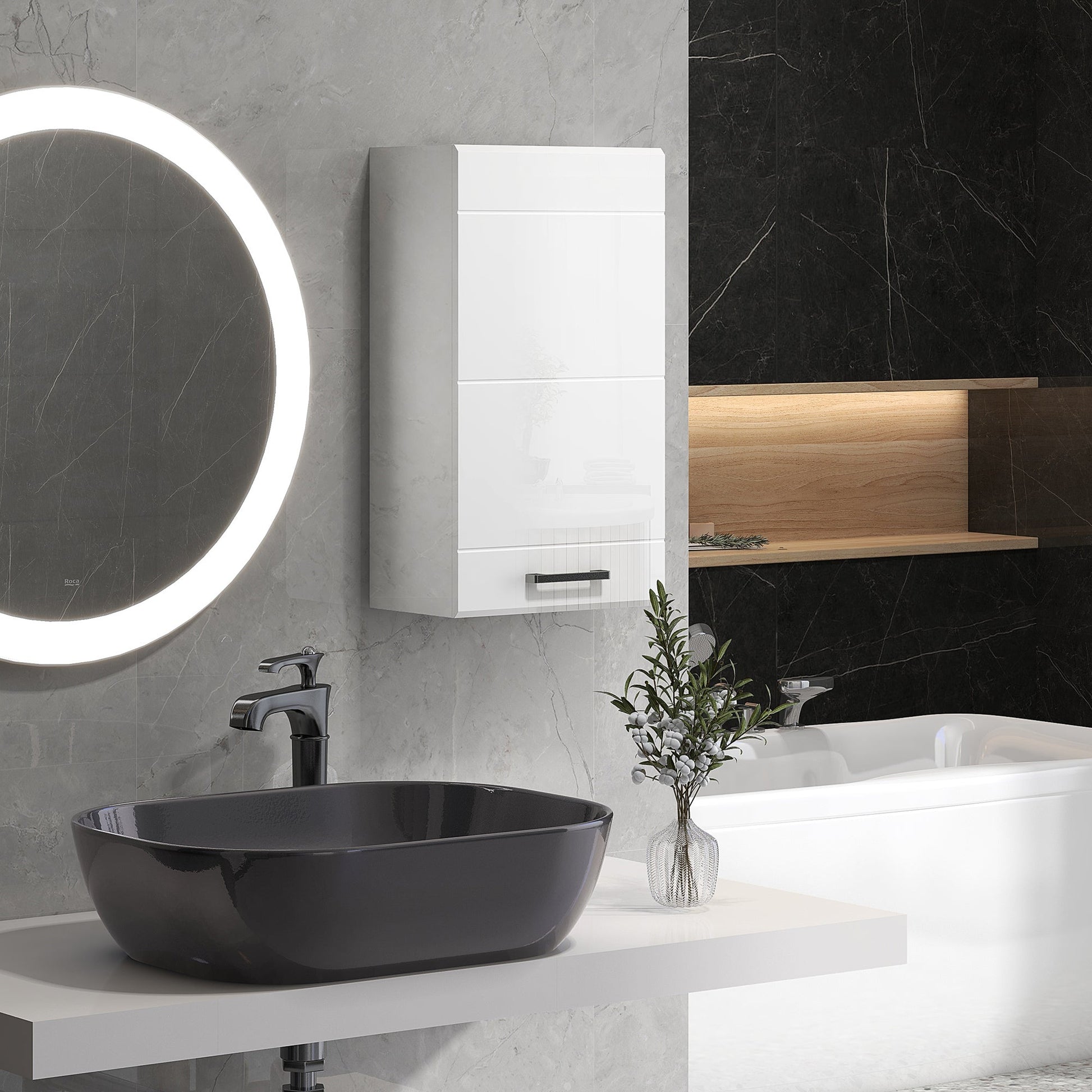 Bathroom Wall Cabinet, High Gloss Wall Mount Bathroom Storage Cabinet with Soft-Close Door, 3 Shelves, Adjustable Shelf for Hallway, Living Room, Over Toilet, 37x22.5x70 cm, White