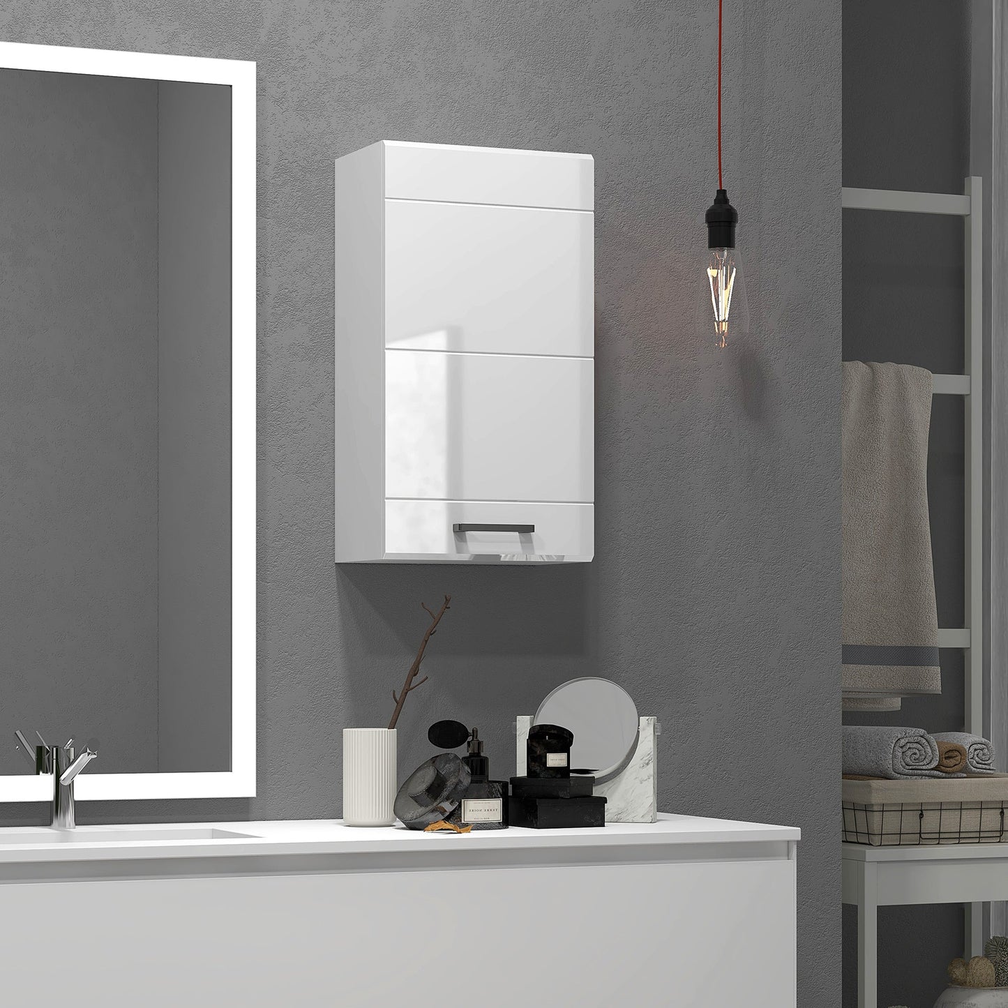 Bathroom Wall Cabinet, High Gloss Wall Mount Bathroom Storage Cabinet with Soft-Close Door, 3 Shelves, Adjustable Shelf for Hallway, Living Room, Over Toilet, 37x22.5x70 cm, White