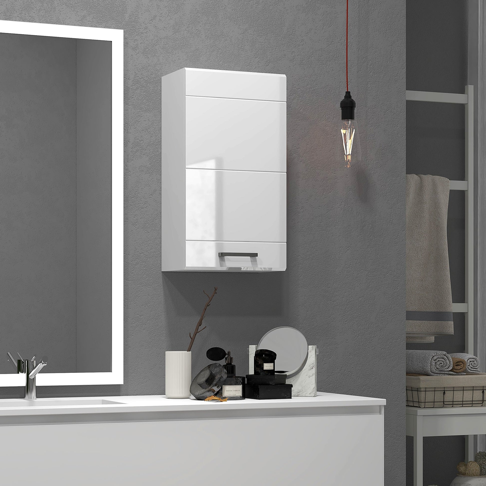Bathroom Wall Cabinet, High Gloss Wall Mount Bathroom Storage Cabinet with Soft-Close Door, 3 Shelves, Adjustable Shelf for Hallway, Living Room, Over Toilet, 37x22.5x70 cm, White