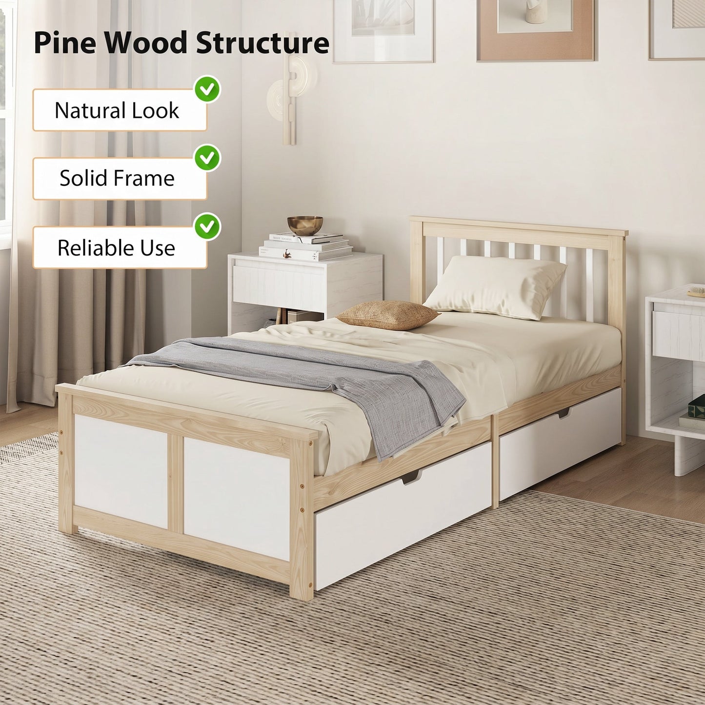 3ft Single Solid Wooden Bed Frame, Pine Storage Bed with Drawers, Headboard, Wood Slat Support, No Box Spring Needed, Easy Assembly, 90 x 190 cm, Natural Wood Finish