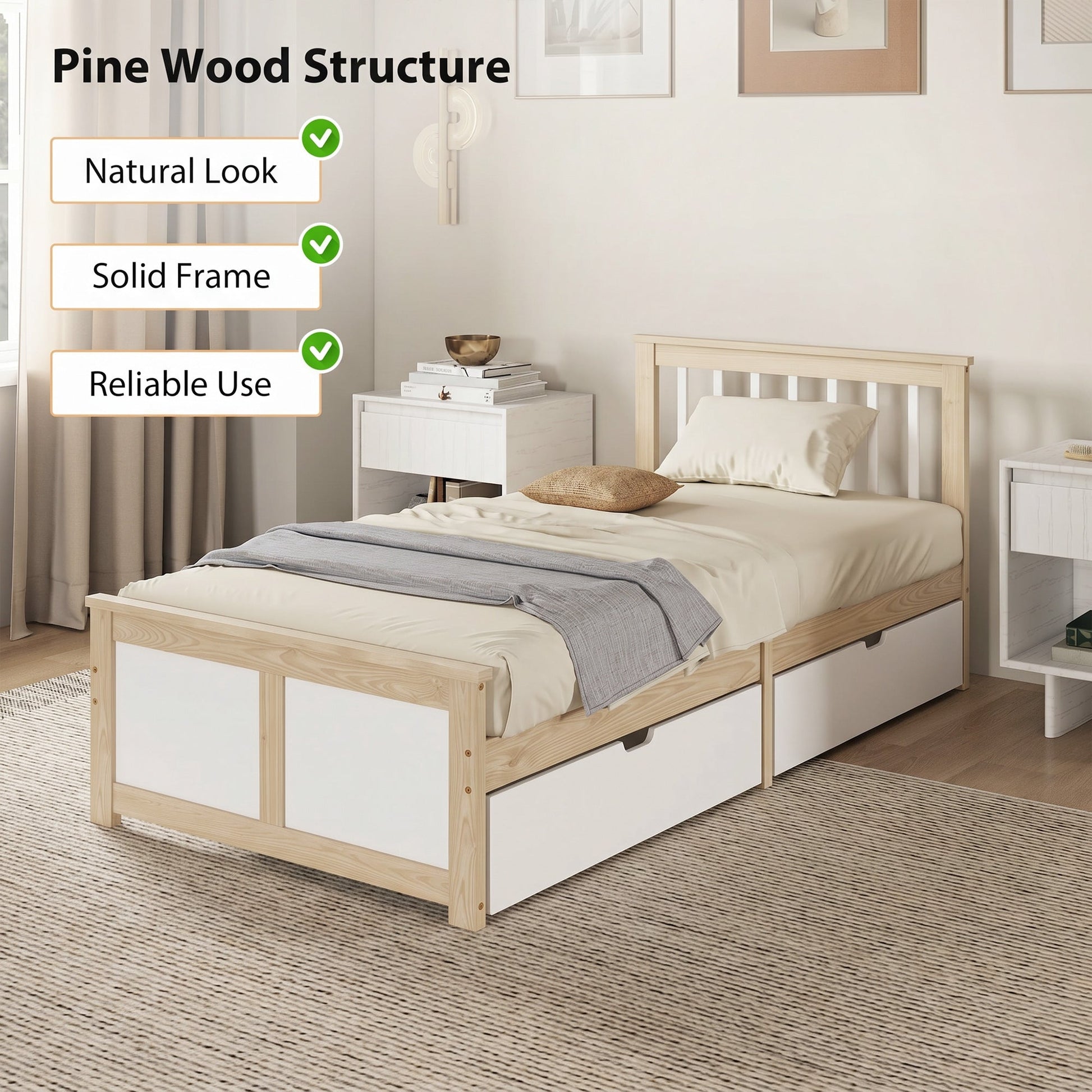 3ft Single Solid Wooden Bed Frame, Pine Storage Bed with Drawers, Headboard, Wood Slat Support, No Box Spring Needed, Easy Assembly, 90 x 190 cm, Natural Wood Finish