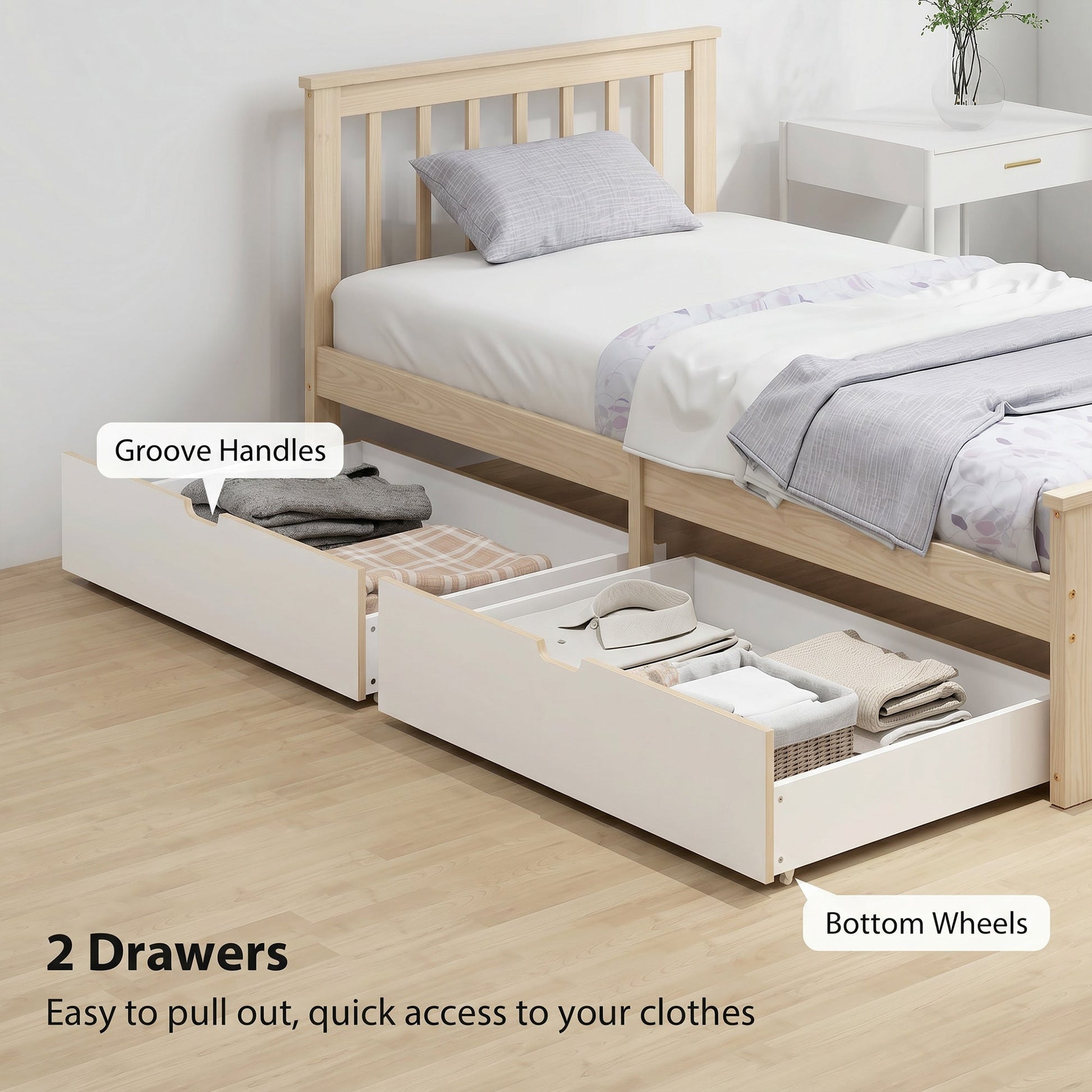3ft Single Solid Wooden Bed Frame, Pine Storage Bed with Drawers, Headboard, Wood Slat Support, No Box Spring Needed, Easy Assembly, 90 x 190 cm, Natural Wood Finish