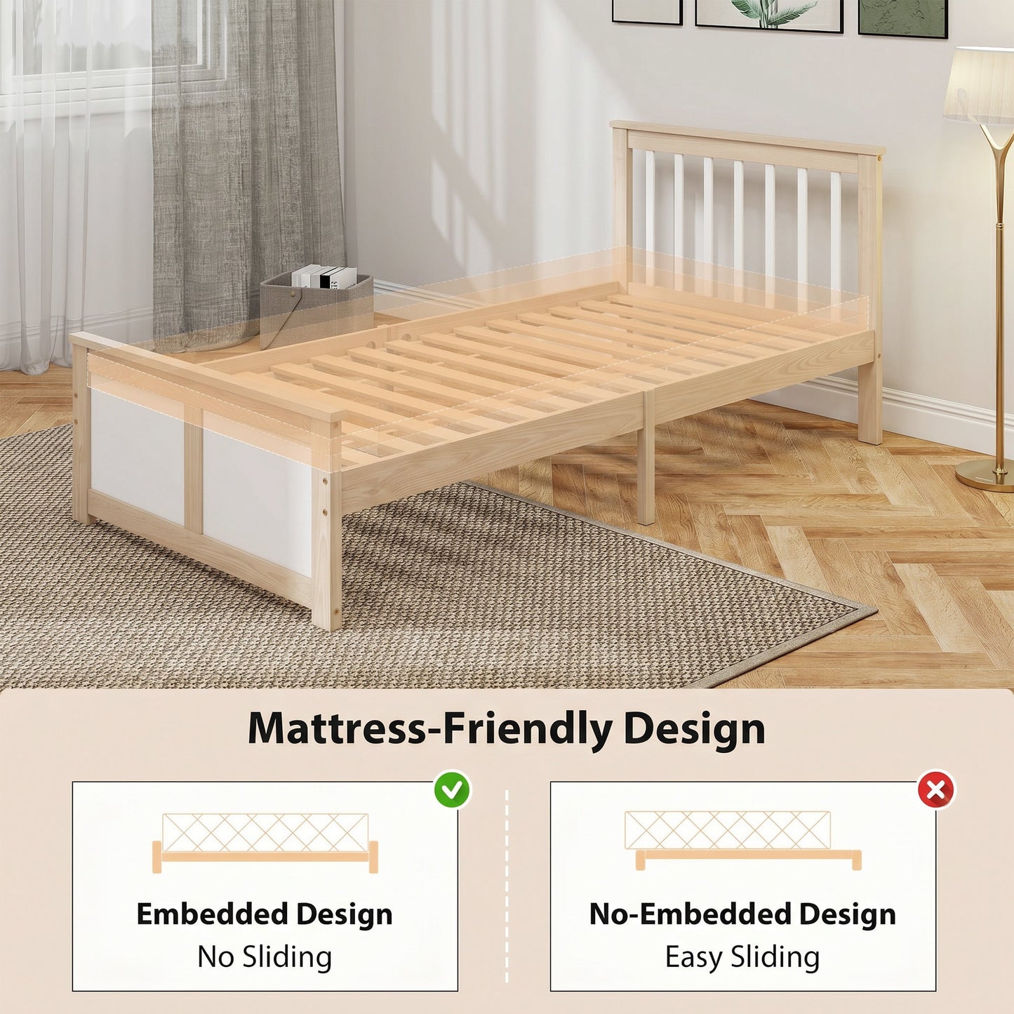 3ft Single Solid Wooden Bed Frame, Pine Storage Bed with Drawers, Headboard, Wood Slat Support, No Box Spring Needed, Easy Assembly, 90 x 190 cm, Natural Wood Finish