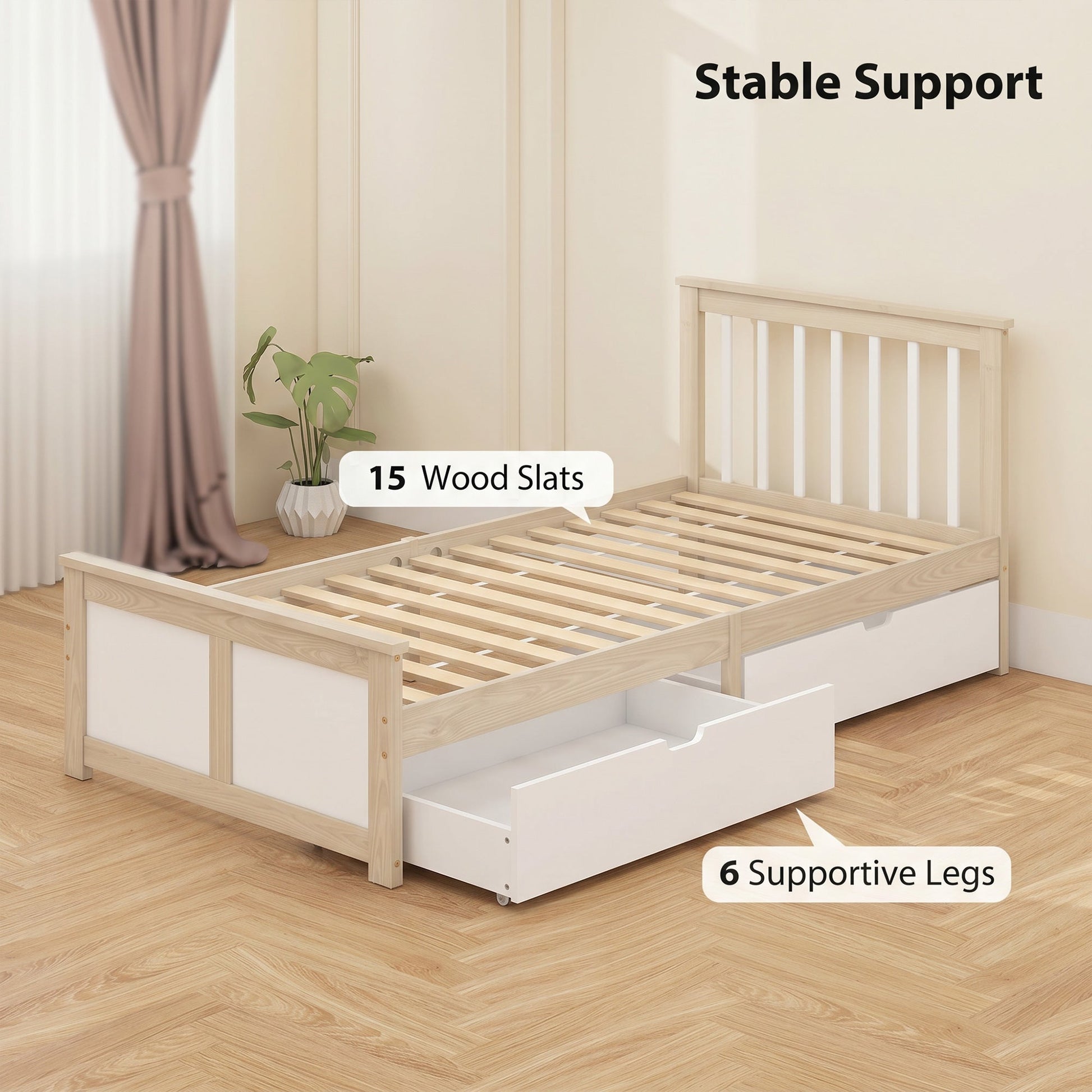 3ft Single Solid Wooden Bed Frame, Pine Storage Bed with Drawers, Headboard, Wood Slat Support, No Box Spring Needed, Easy Assembly, 90 x 190 cm, Natural Wood Finish