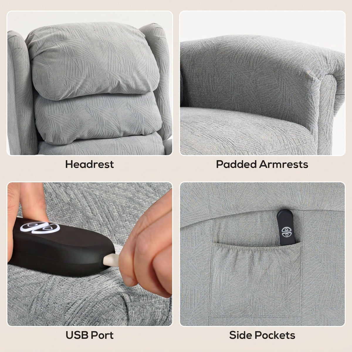 Riser Recliner Chair for Elderly, Velvet Electric Power Lift Chair with Layered Padded Backrest, Spring Cushion, Wide Seat, USB Port, Remote, Side Pockets, Lift Armchair for Living Room, Grey