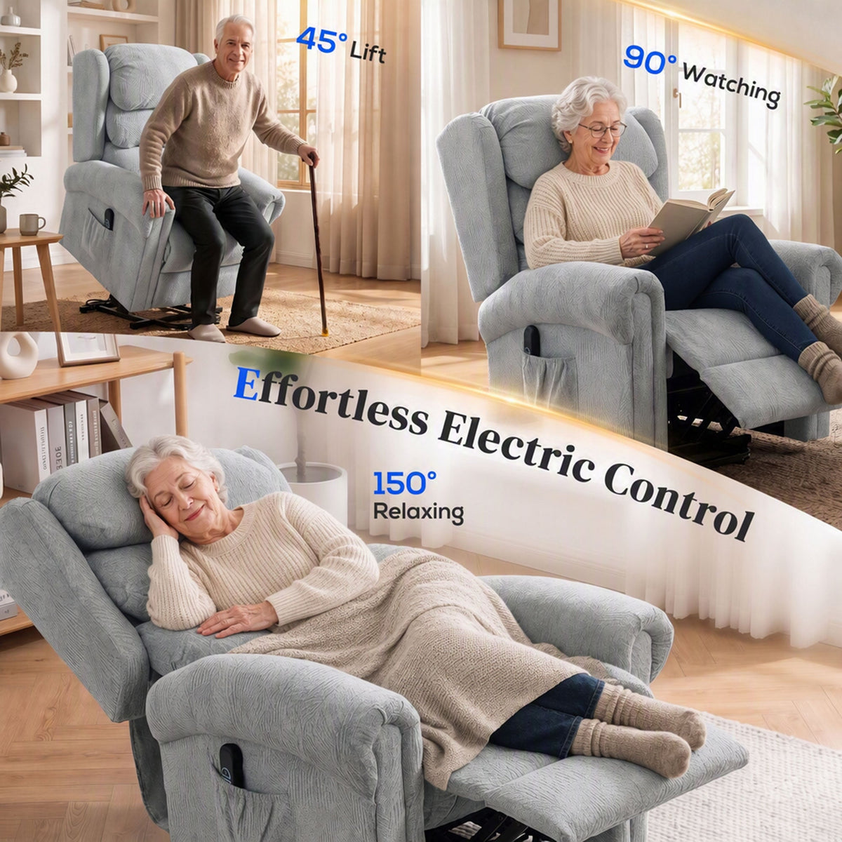 Riser Recliner Chair for Elderly, Velvet Electric Power Lift Chair with Layered Padded Backrest, Spring Cushion, Wide Seat, USB Port, Remote, Side Pockets, Lift Armchair for Living Room, Grey
