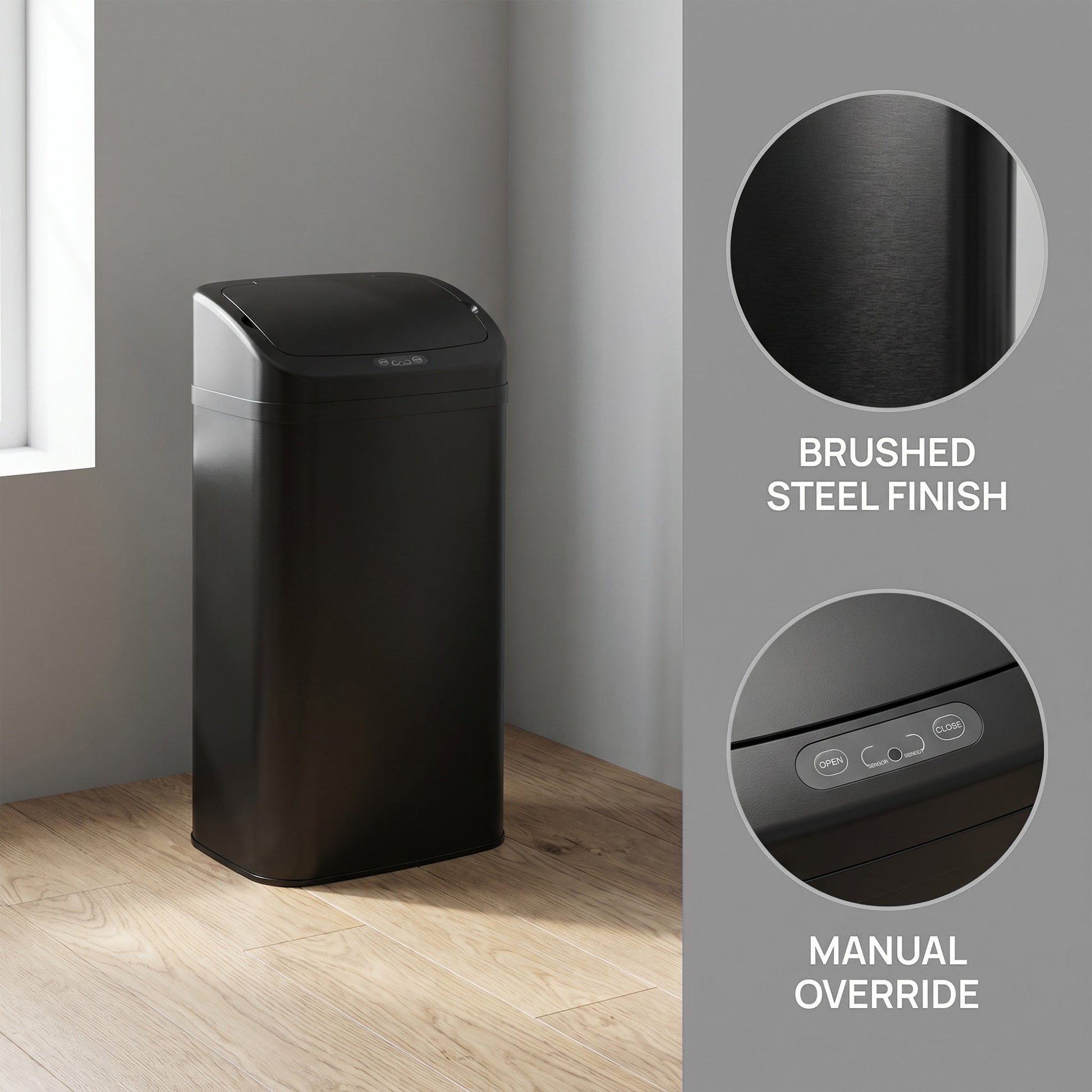 48L Sensor Bin, Galvanised Steel Kitchen Bin with Automatic Soft Close Lid and Fingerprint-Proof for Recycling and Waste, Black