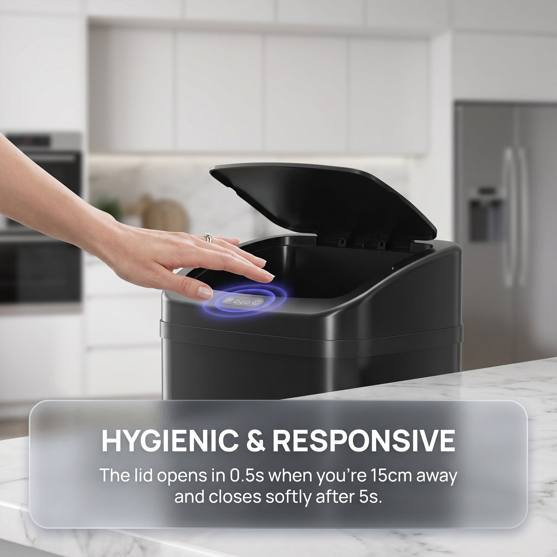 48L Sensor Bin, Galvanised Steel Kitchen Bin with Automatic Soft Close Lid and Fingerprint-Proof for Recycling and Waste, Black