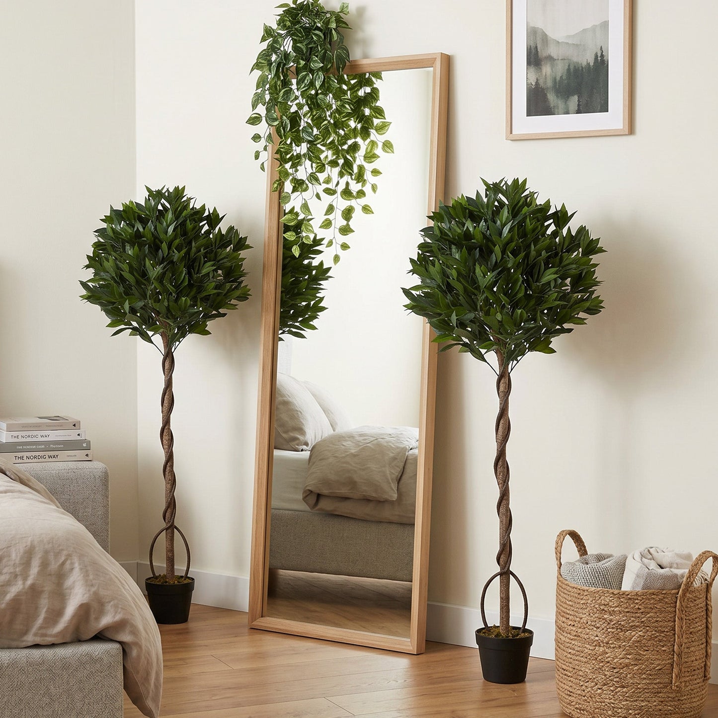 Artificial Bay Laurel Topiary Trees with Twisted Trunk, Realistic Lush Topiary Ball Tree with Weighted Pot, 150cm Indoor Greenery Plant for Home Office Decor, Set of 2, Green