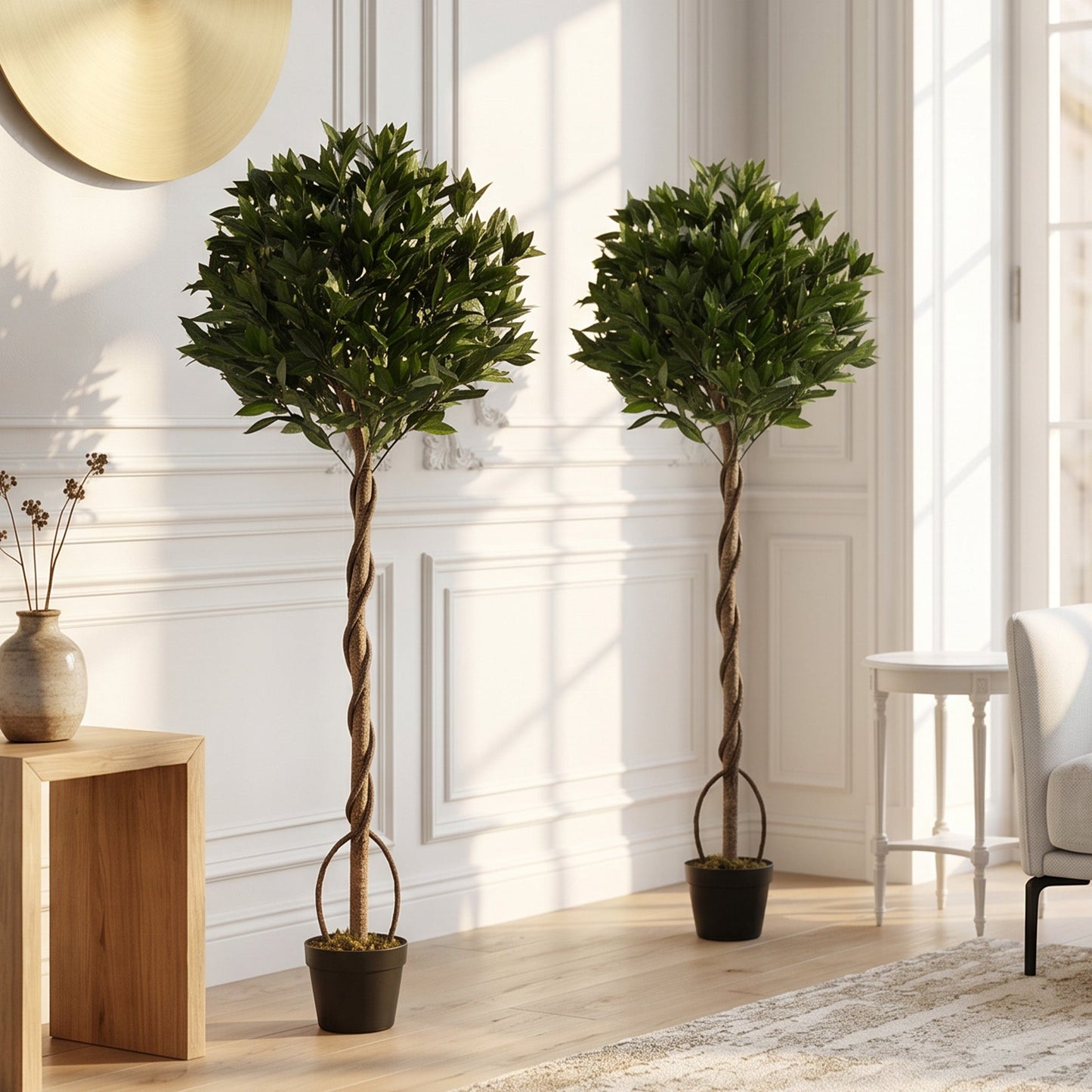 Artificial Bay Laurel Topiary Trees with Twisted Trunk, Realistic Lush Topiary Ball Tree with Weighted Pot, 150cm Indoor Greenery Plant for Home Office Decor, Set of 2, Green