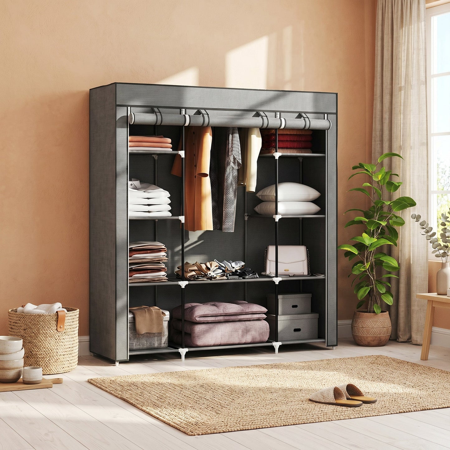 Portable Wardrobe, Foldable Fabric Wardrobe, 150 x 43 x 162.5cm, Clothes Storage Organiser with Hanging Rail, Shelves, Fabric Cover for Bedroom, Dark Grey