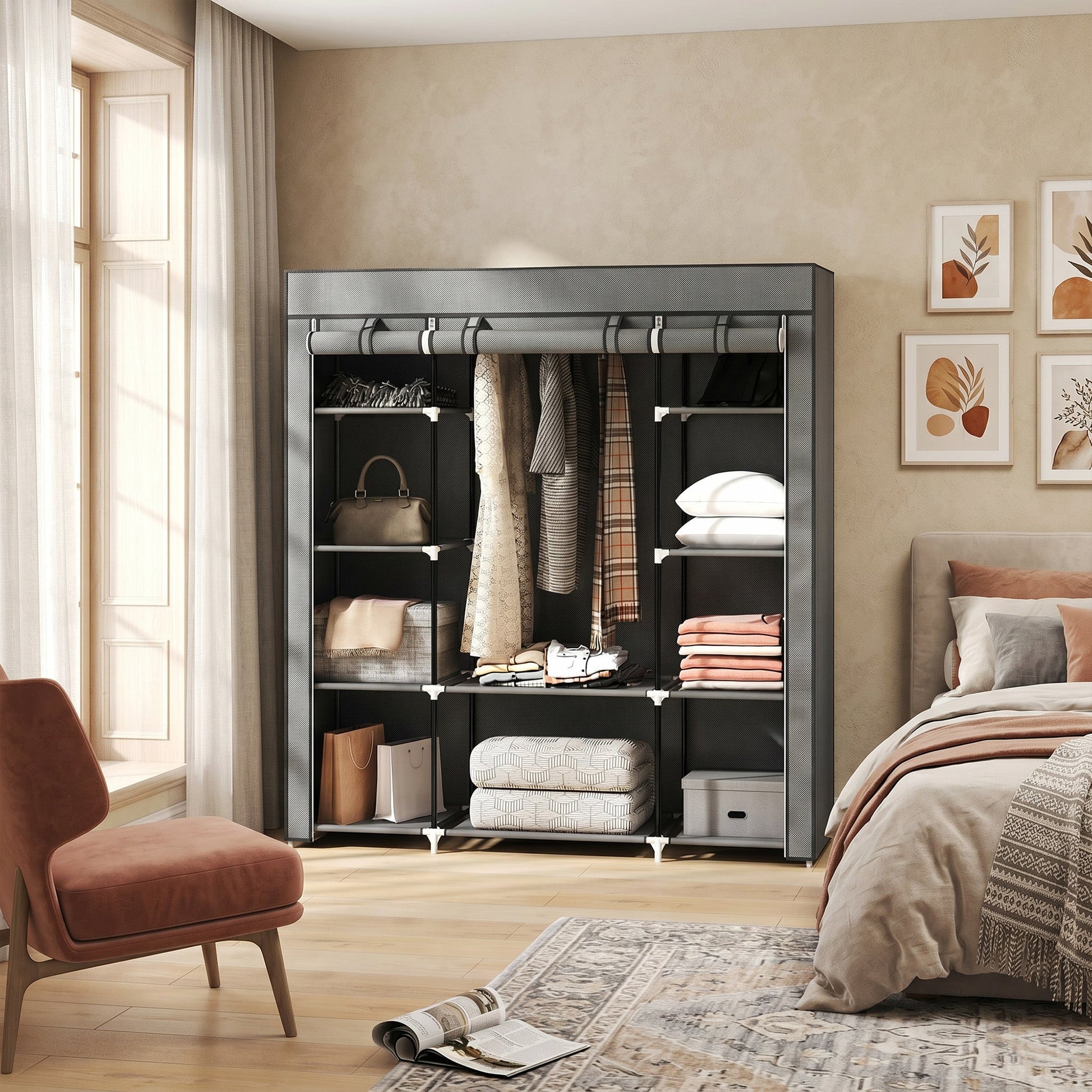 Portable Wardrobe, Foldable Fabric Wardrobe, 150 x 43 x 162.5cm, Clothes Storage Organiser with Hanging Rail, Shelves, Fabric Cover for Bedroom, Dark Grey