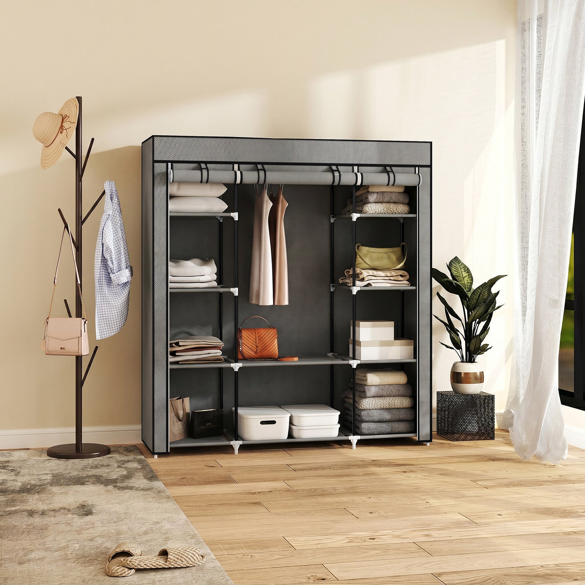 Portable Wardrobe, Foldable Fabric Wardrobe, 150 x 43 x 162.5cm, Clothes Storage Organiser with Hanging Rail, Shelves, Fabric Cover for Bedroom, Dark Grey