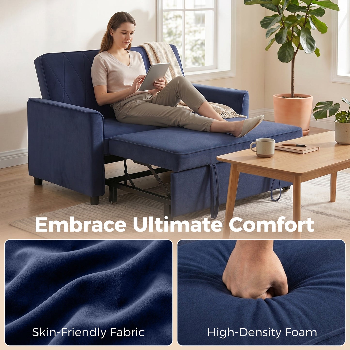 2 Seater Sofa Bed, 3-in-1 Convertible Pull Out Sleeper Sofa, Velvet Loveseat Bed Settee with Clik-Clack Adjustable Backrest, High-Density Foam for Living Room, Bedroom, Guest Room, Dark Blue