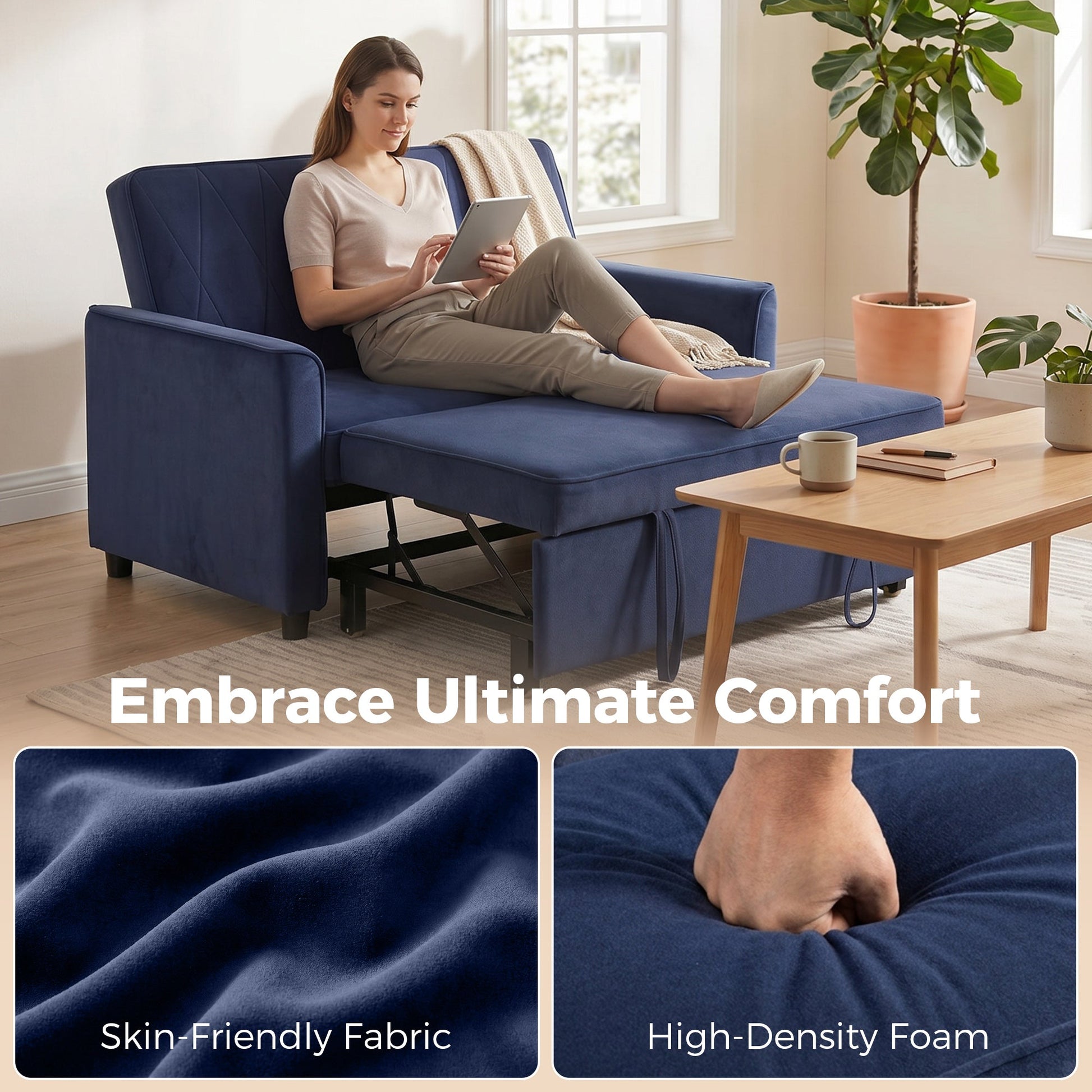 2 Seater Sofa Bed, 3-in-1 Convertible Pull Out Sleeper Sofa, Velvet Loveseat Bed Settee with Clik-Clack Adjustable Backrest, High-Density Foam for Living Room, Bedroom, Guest Room, Dark Blue