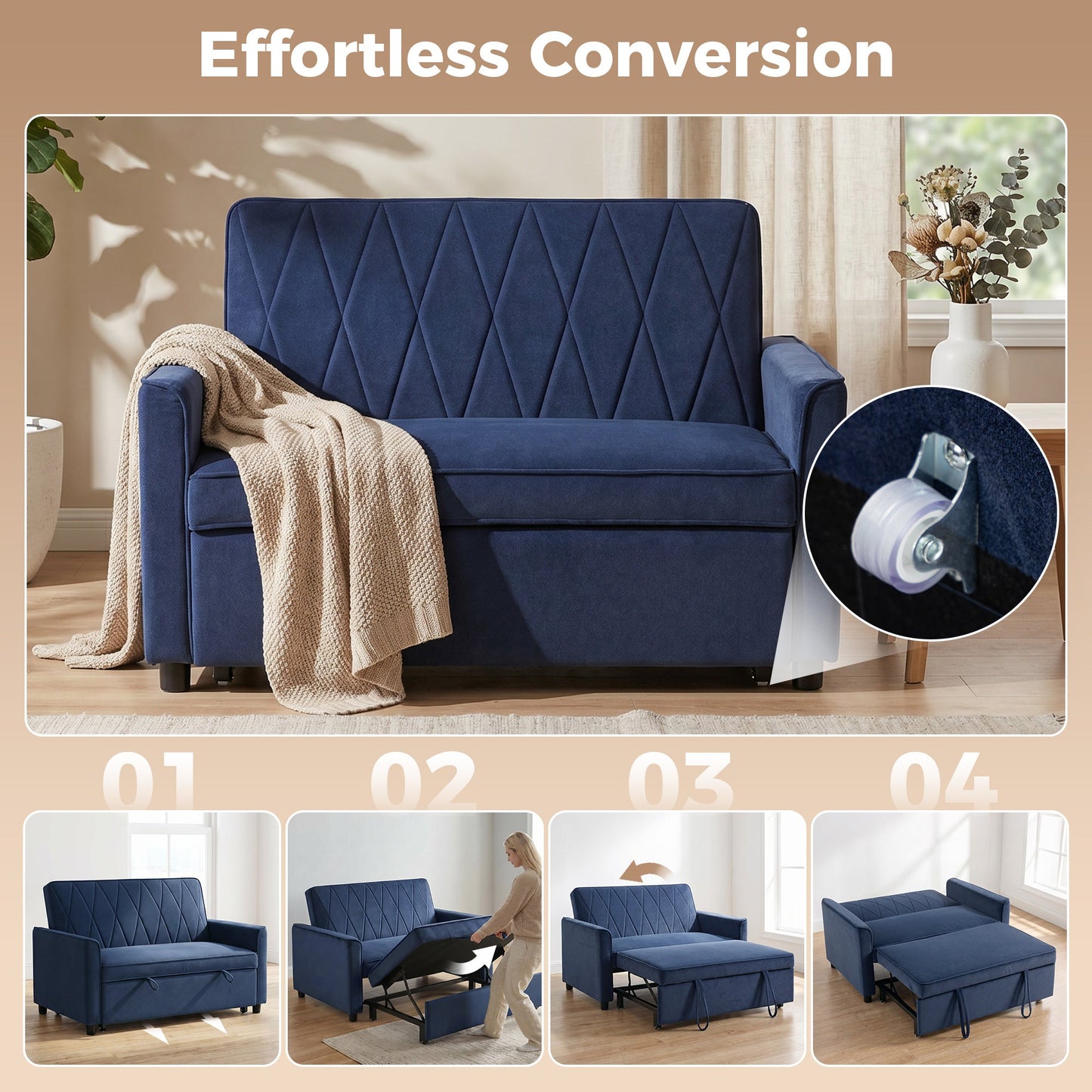 2 Seater Sofa Bed, 3-in-1 Convertible Pull Out Sleeper Sofa, Velvet Loveseat Bed Settee with Clik-Clack Adjustable Backrest, High-Density Foam for Living Room, Bedroom, Guest Room, Dark Blue