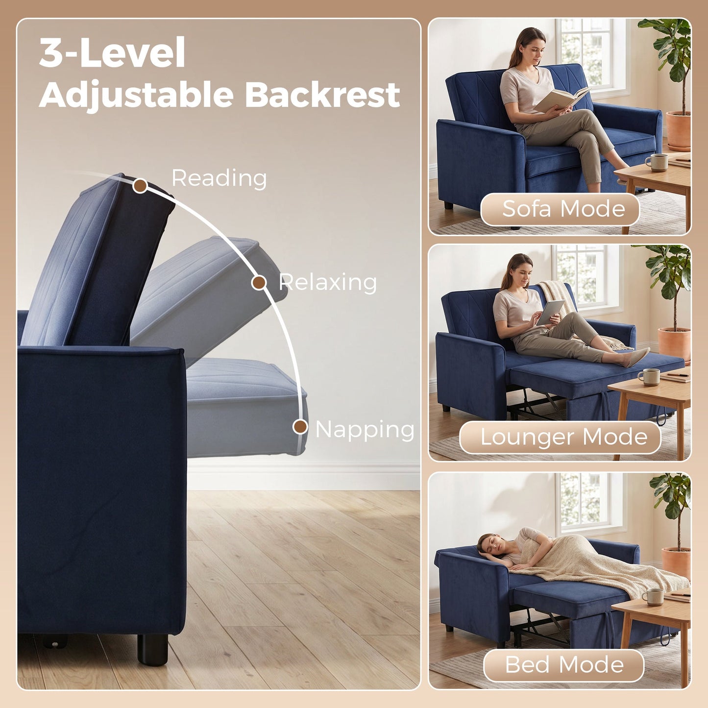 2 Seater Sofa Bed, 3-in-1 Convertible Pull Out Sleeper Sofa, Velvet Loveseat Bed Settee with Clik-Clack Adjustable Backrest, High-Density Foam for Living Room, Bedroom, Guest Room, Dark Blue
