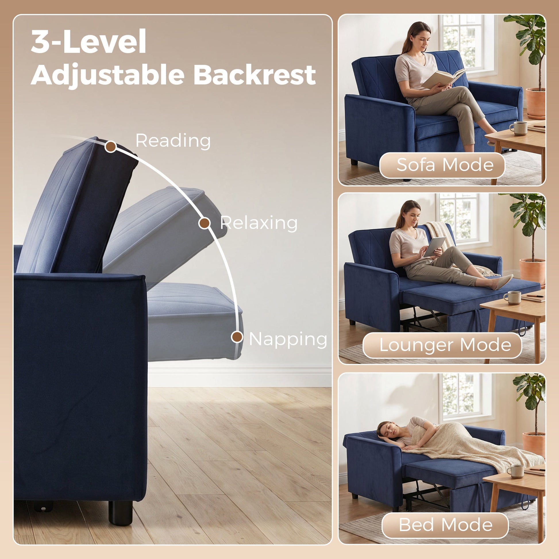 2 Seater Sofa Bed, 3-in-1 Convertible Pull Out Sleeper Sofa, Velvet Loveseat Bed Settee with Clik-Clack Adjustable Backrest, High-Density Foam for Living Room, Bedroom, Guest Room, Dark Blue
