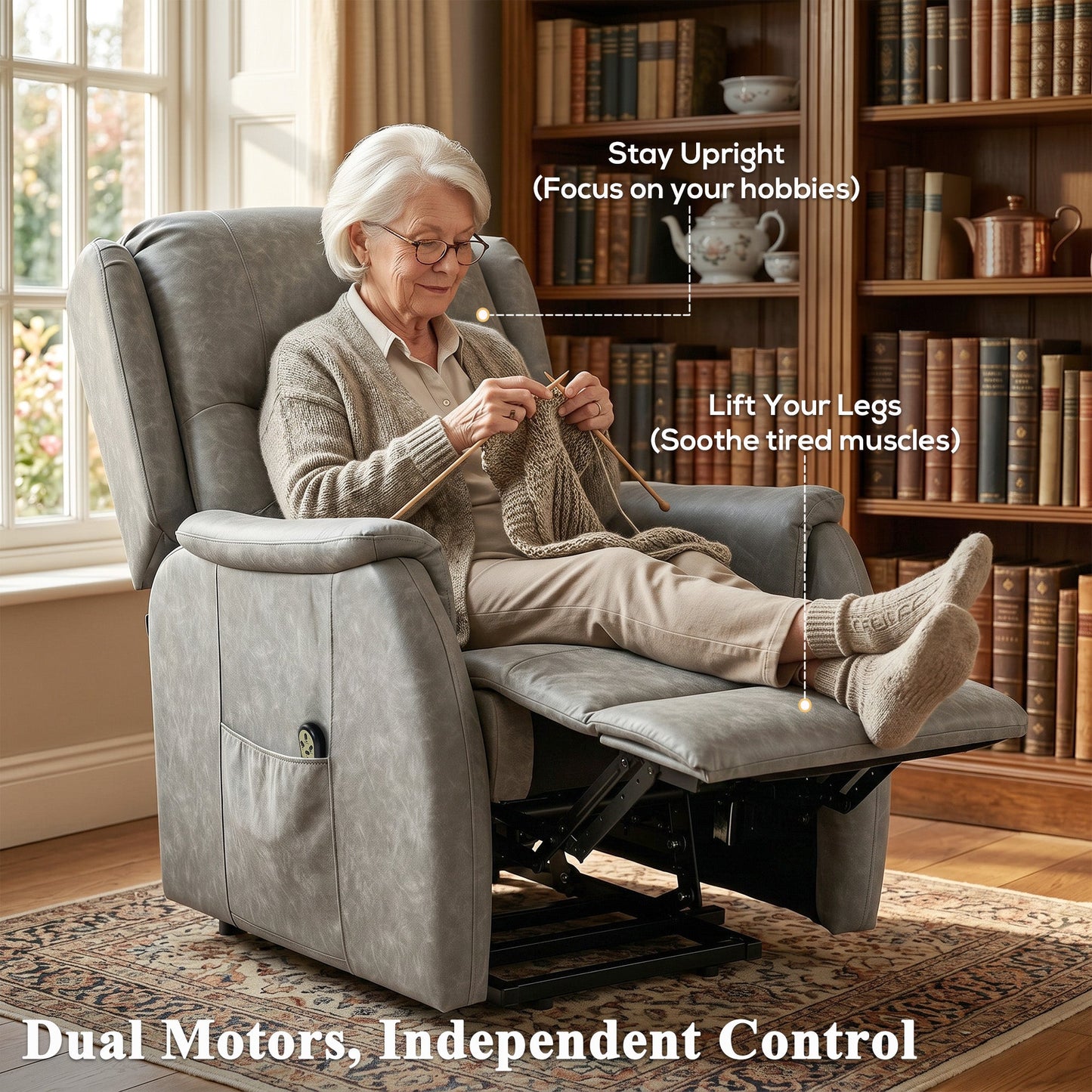 Dual Motor Power Lift Recliner Chair, Electric Lift Chair for Elderly, Faux Leather Riser and Reclining Armchair with Remote Control, Side Pockets, for Living Room, Grey