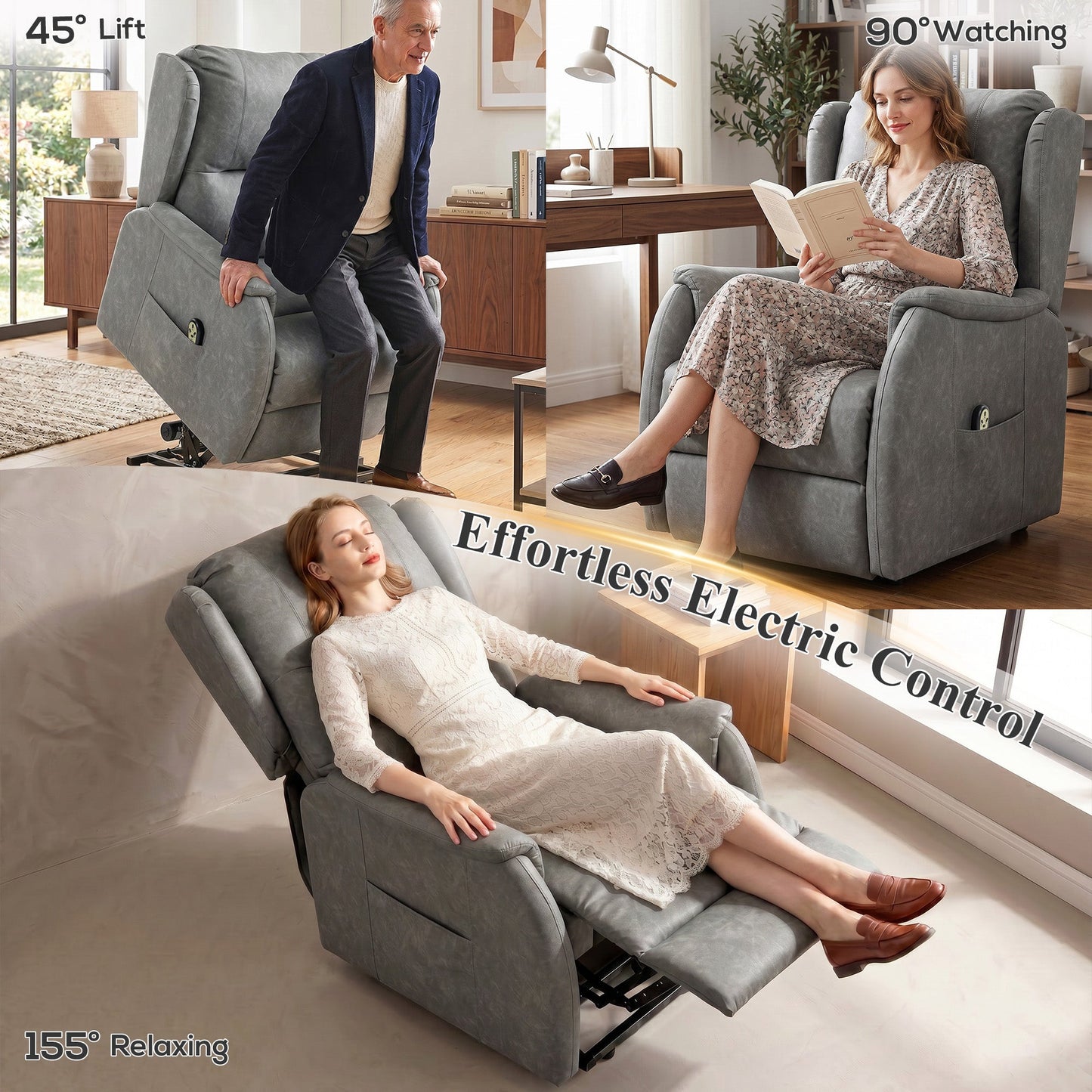 Dual Motor Power Lift Recliner Chair, Electric Lift Chair for Elderly, Faux Leather Riser and Reclining Armchair with Remote Control, Side Pockets, for Living Room, Grey